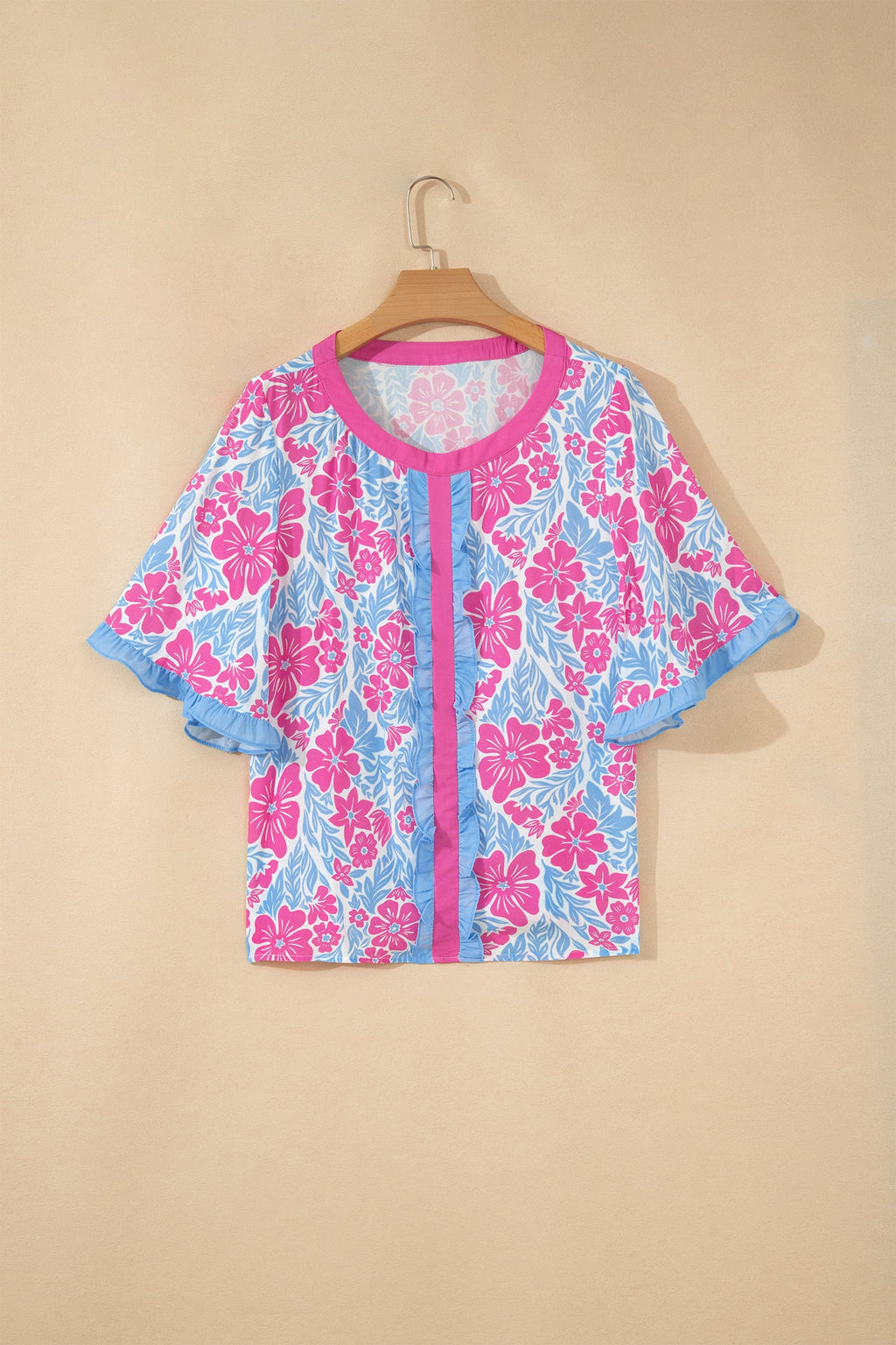 Floral Ruffle Colorblock Trim 3/4 Sleeve Blouse
