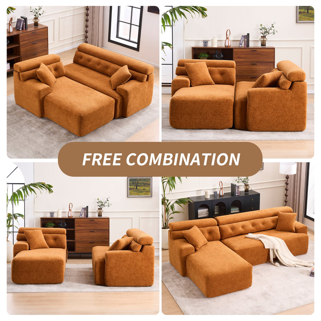 LY-029B Convertible Chaise Sectional Sofa, Full Compression Sponge Modular Couch for Apartment Living Room,Orange 3-Seater with Wood Grain Chenille, 2 Pillows Included, 86'L