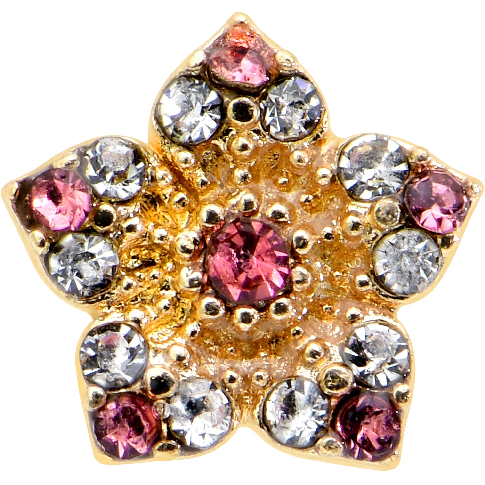 16G 5/16 Pink Gem Gold Tone Texture Star Labret Monroe Tragus