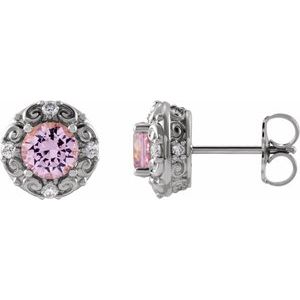 14K White Gold 6 mm Natural Pink Tourmaline & 1/4 CTW Natural Diamond Halo-Style Earrings
