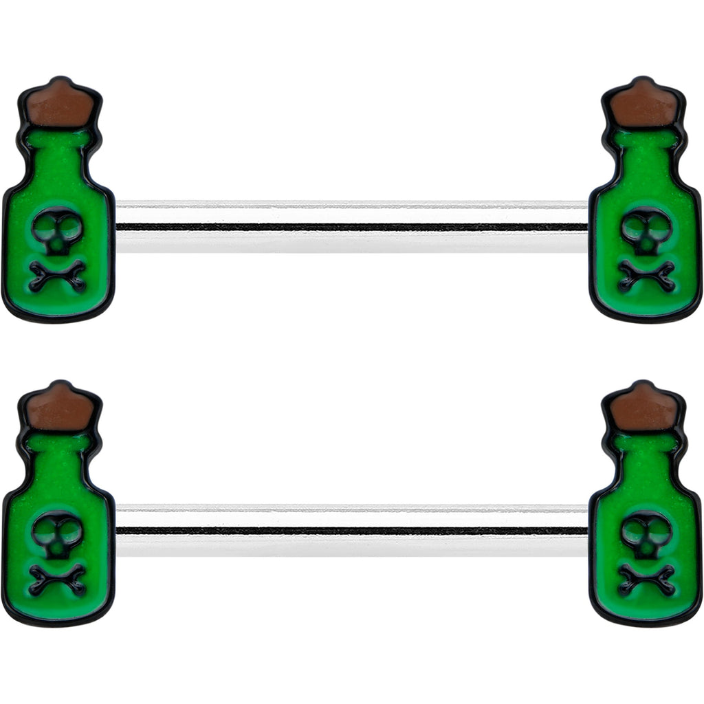 14G 9/16 Poison Green Bottle Glow in Dark Barbell Nipple Ring Set