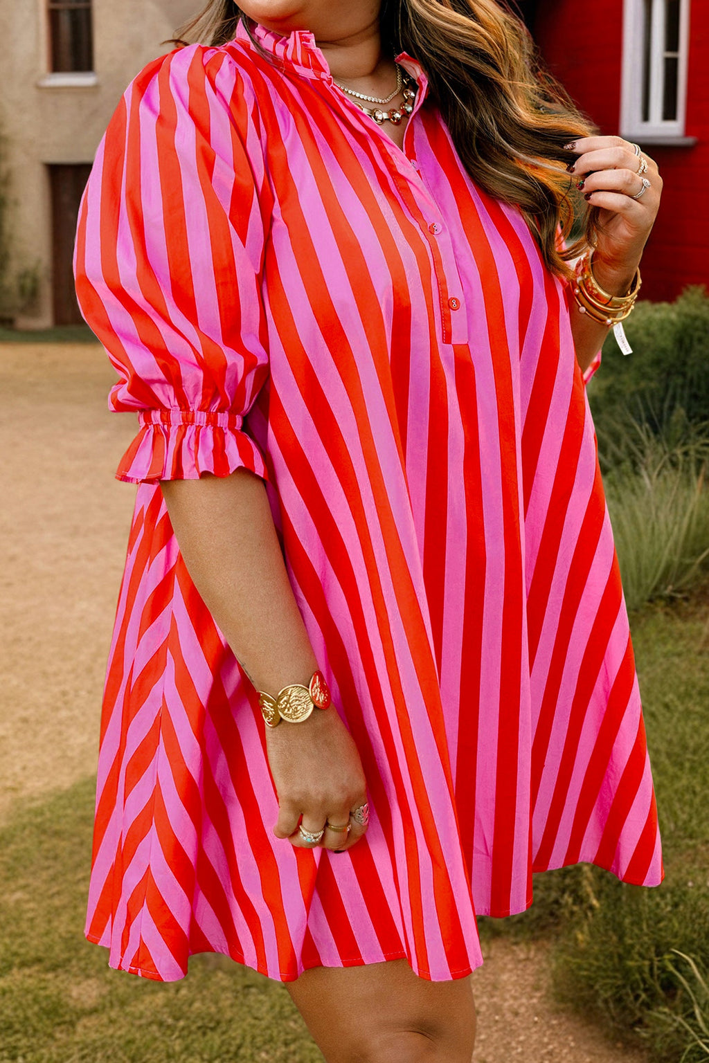 Plus Size Stripe Frilled Collar Button Mini Dress