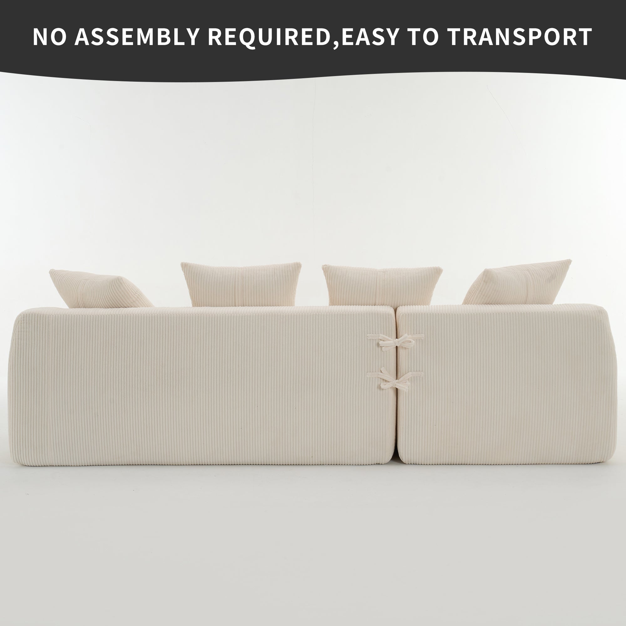LY-023 WHITE COMPRESSION SOFA: Combining chaise longue with 3-seater, Corduroy Fabric, full sponge compression sofa,combined sofa with 4 pillows for living/ Home Furniture/ Apartment
