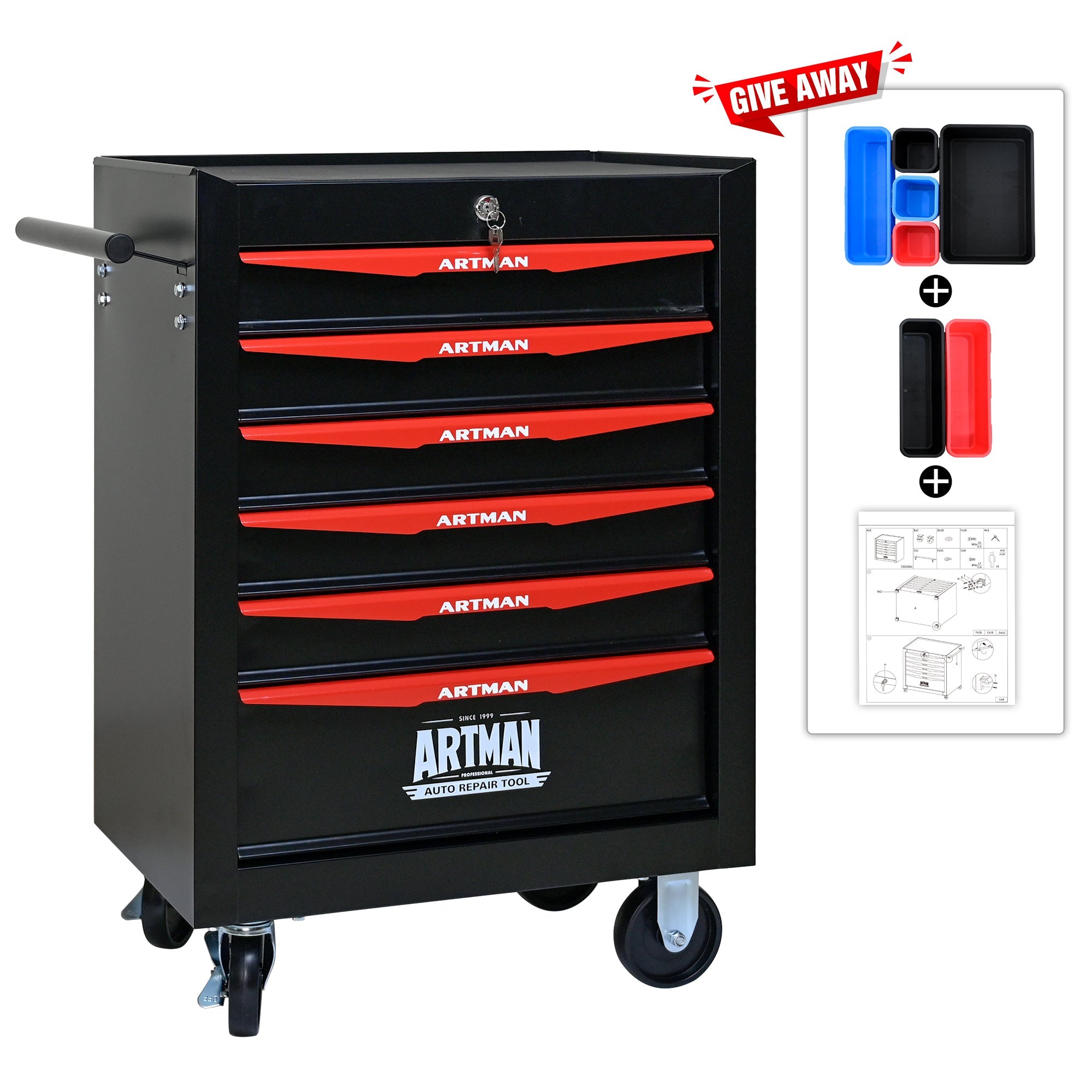 Rolling Metal Tool Chest with 6 Drawers, 20' Steel Storage Cabinet with Ball Bearing Slides, Black and Red Finish