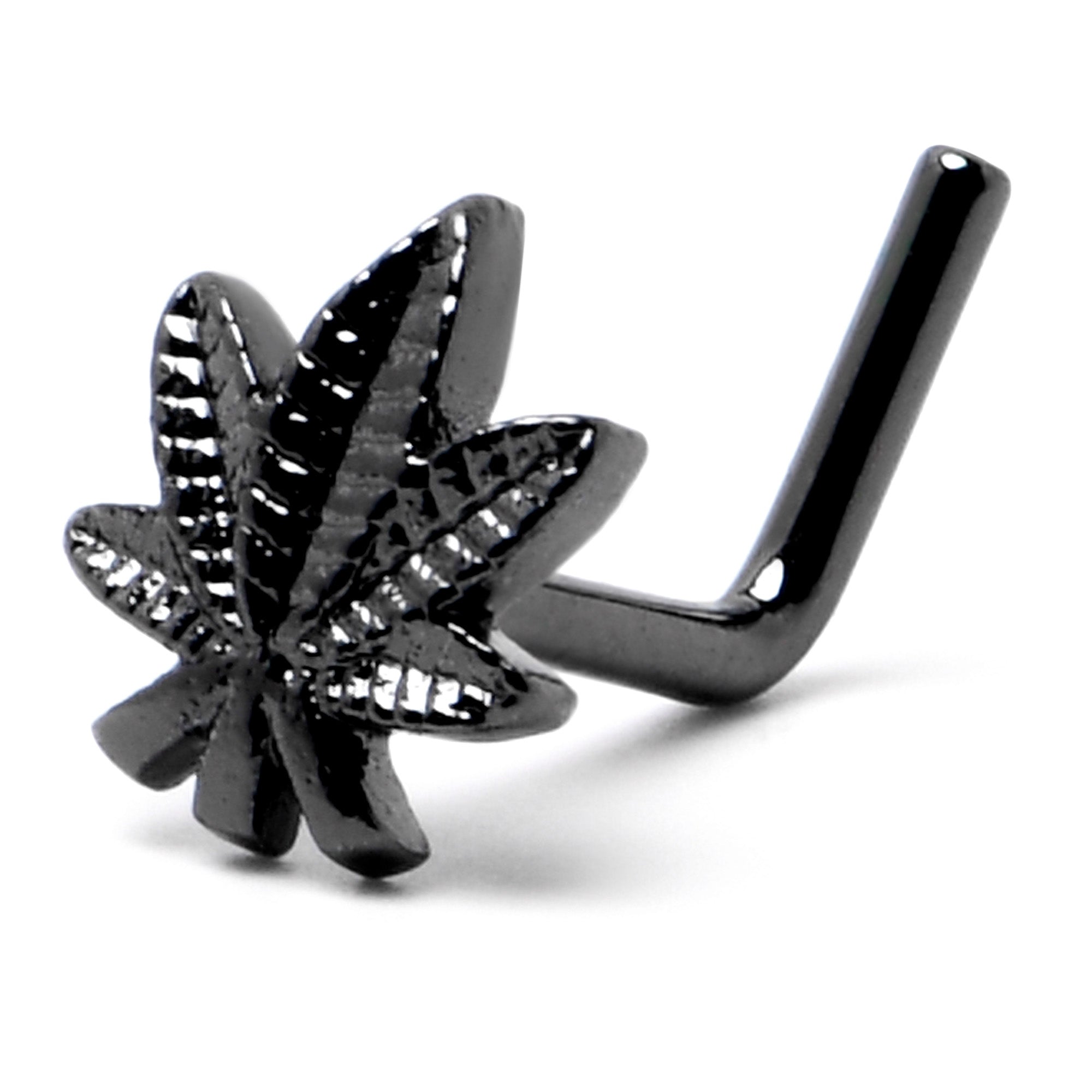 20G 1/4 Black Texture Pot Leaf L Shape Nose Ring
