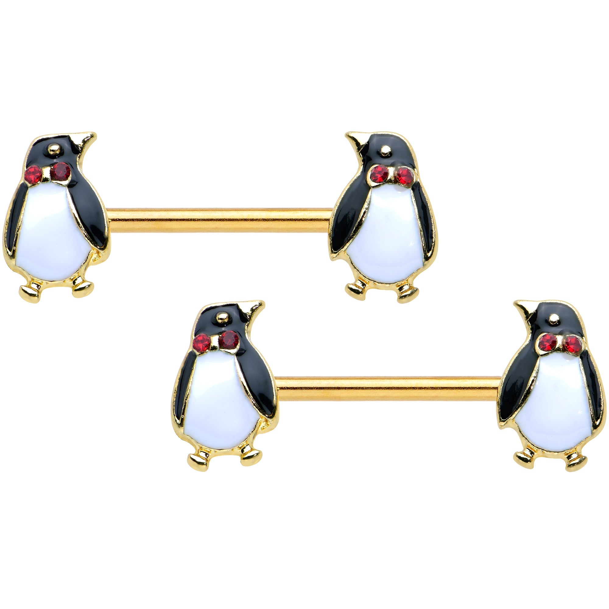 14G 9/16 Red Gem Gold Hue Bow Tie Penguin Barbell Nipple Ring Set