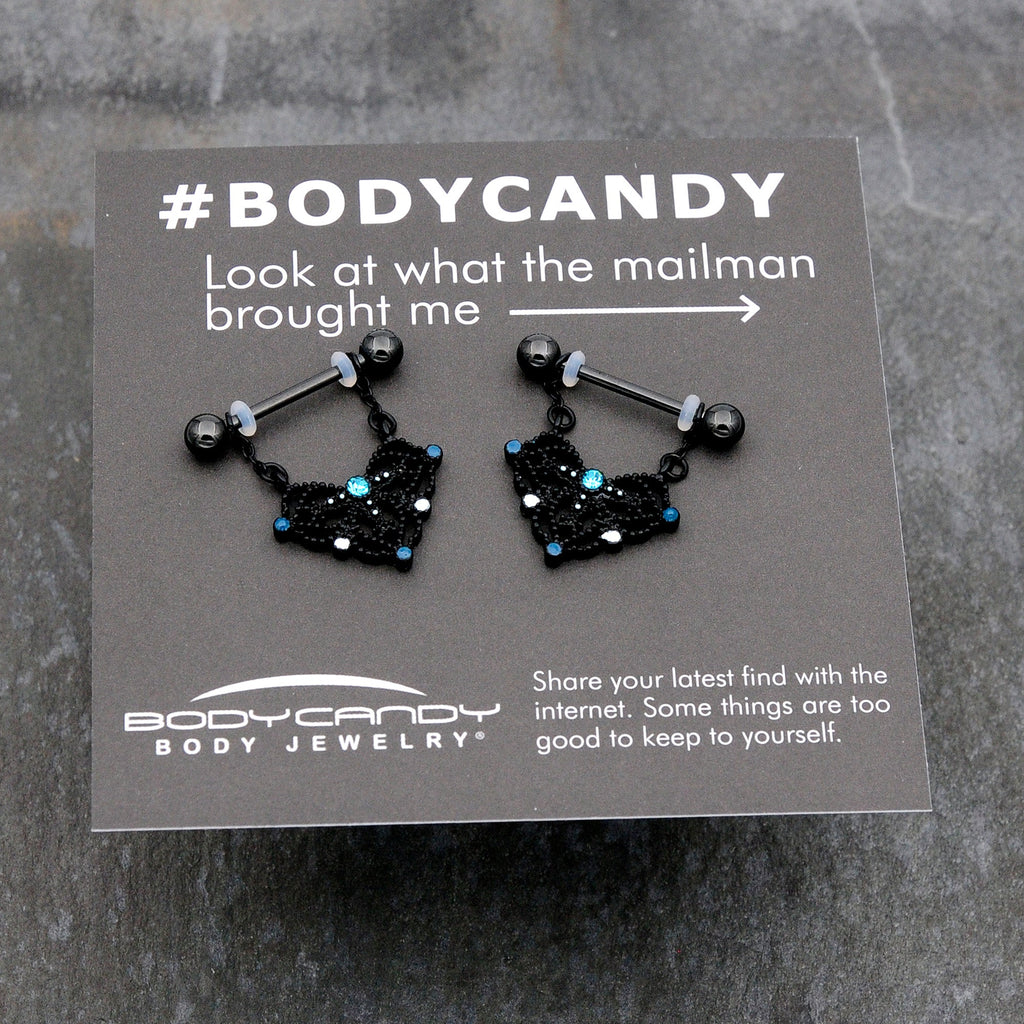 14G 9/16 Blue Gem Black Lacy Rhombus Dangle Nipple Ring Set