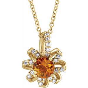 14K Yellow Gold Natural Citrine & .07 CTW Natural Diamond Halo-Style 16-18" Necklace