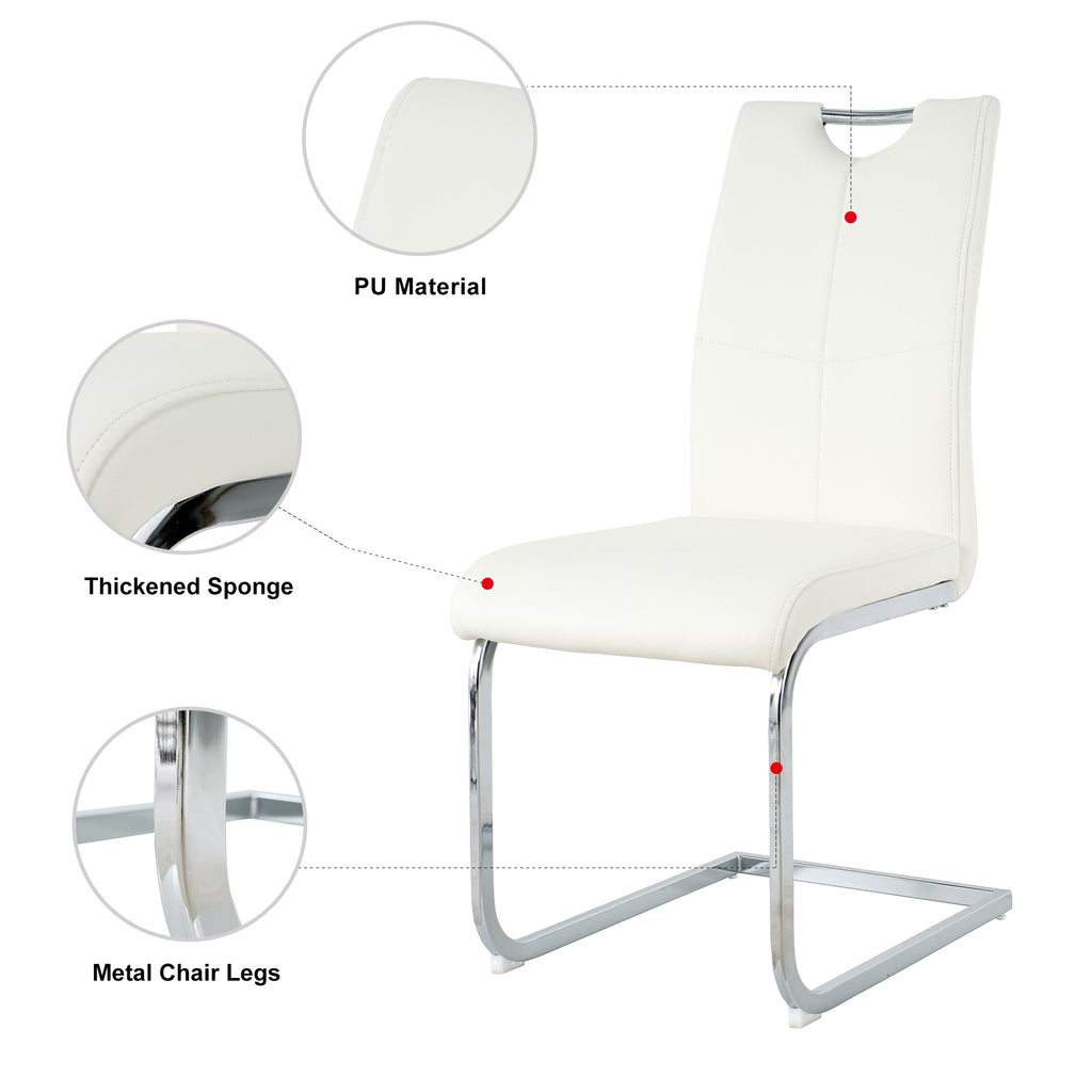 Modern style glass dining table, elegant transparent design, sturdy stainless steel base, white dining chairs set, electroplated chair legs, suitable for dining room and kitchen (set of 7)