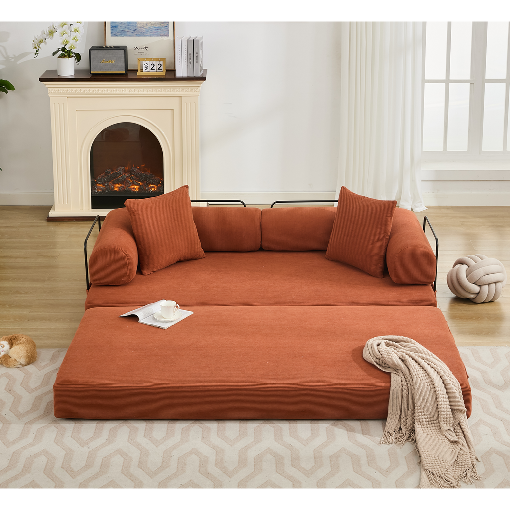 [NEW ARRIVED] [VIDEO PROVIDED] 78.5' Folding Convertible Out Sleeper Sofa Bed,4-in-1 DIY Combination Convertible Sofa, 3 seat, Folding Sleeper Sofa, King Size , Bedroom,Apartment,Corduroy,Orange