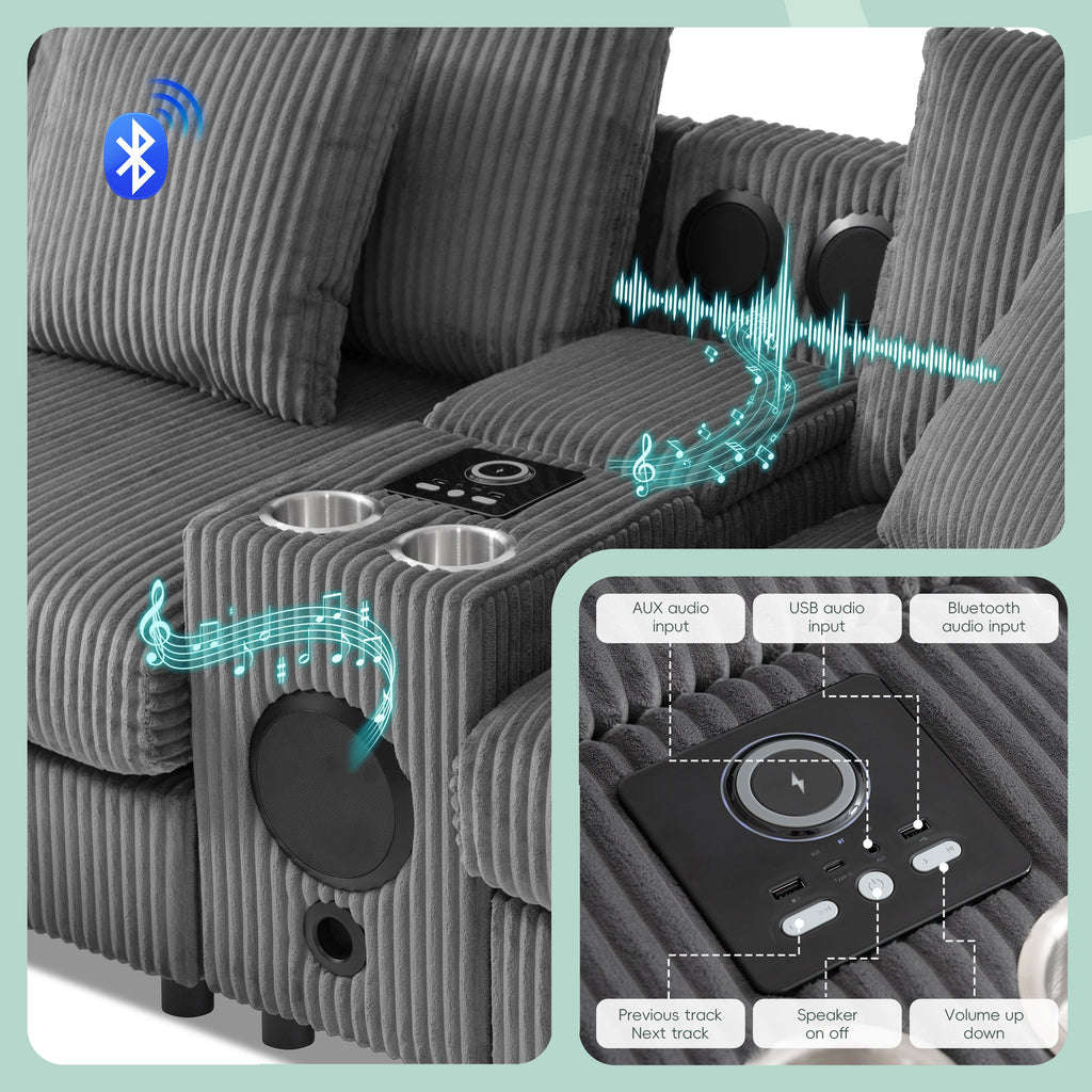 Modular Corduroy Sectional Sofa with Bluetooth Speakers, USB Charger, Cup Holders, Storage, and Ottoman in Dark Gray