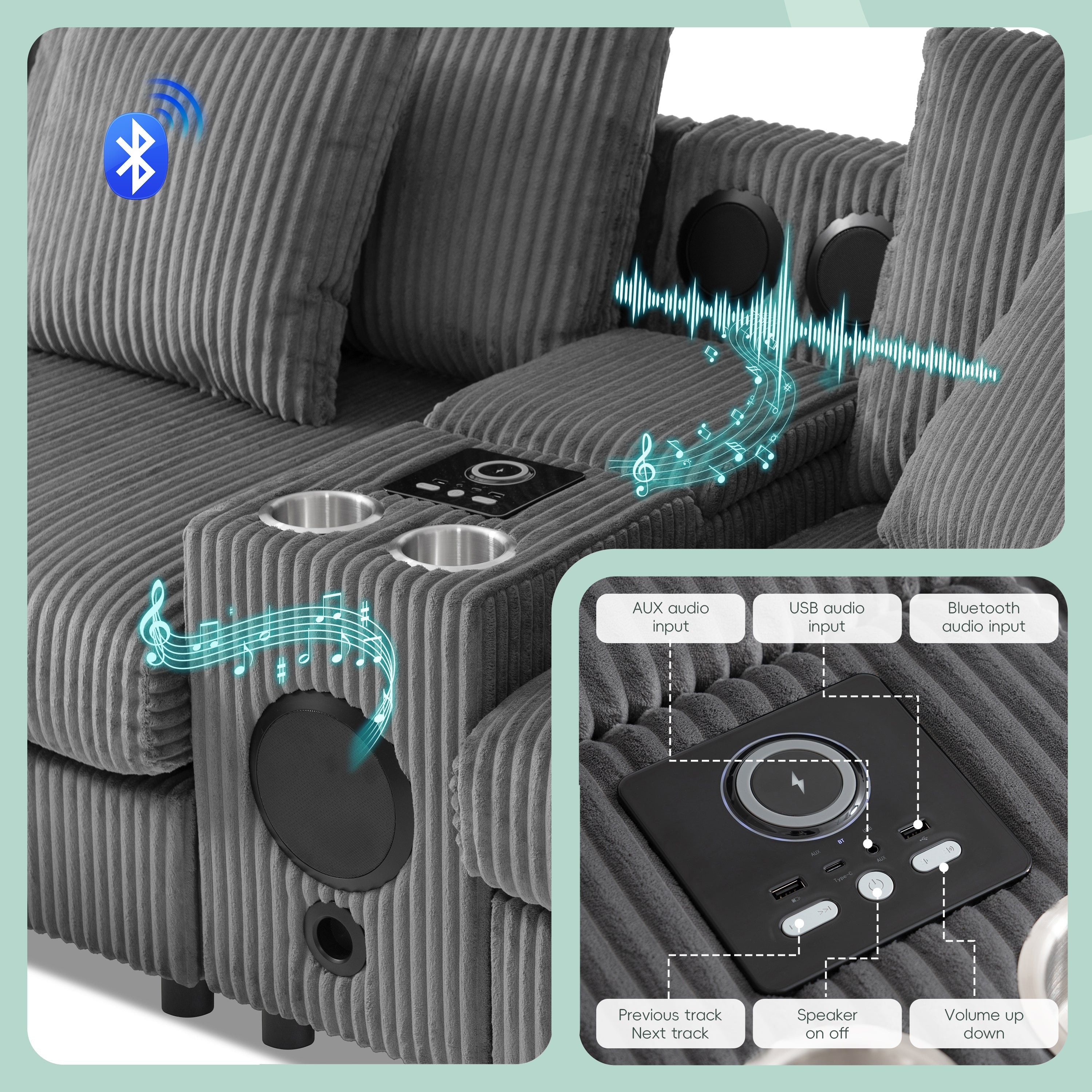 Modular Corduroy Sectional Sofa with Bluetooth Speakers, USB Charger, Cup Holders, Storage, and Ottoman in Dark Gray