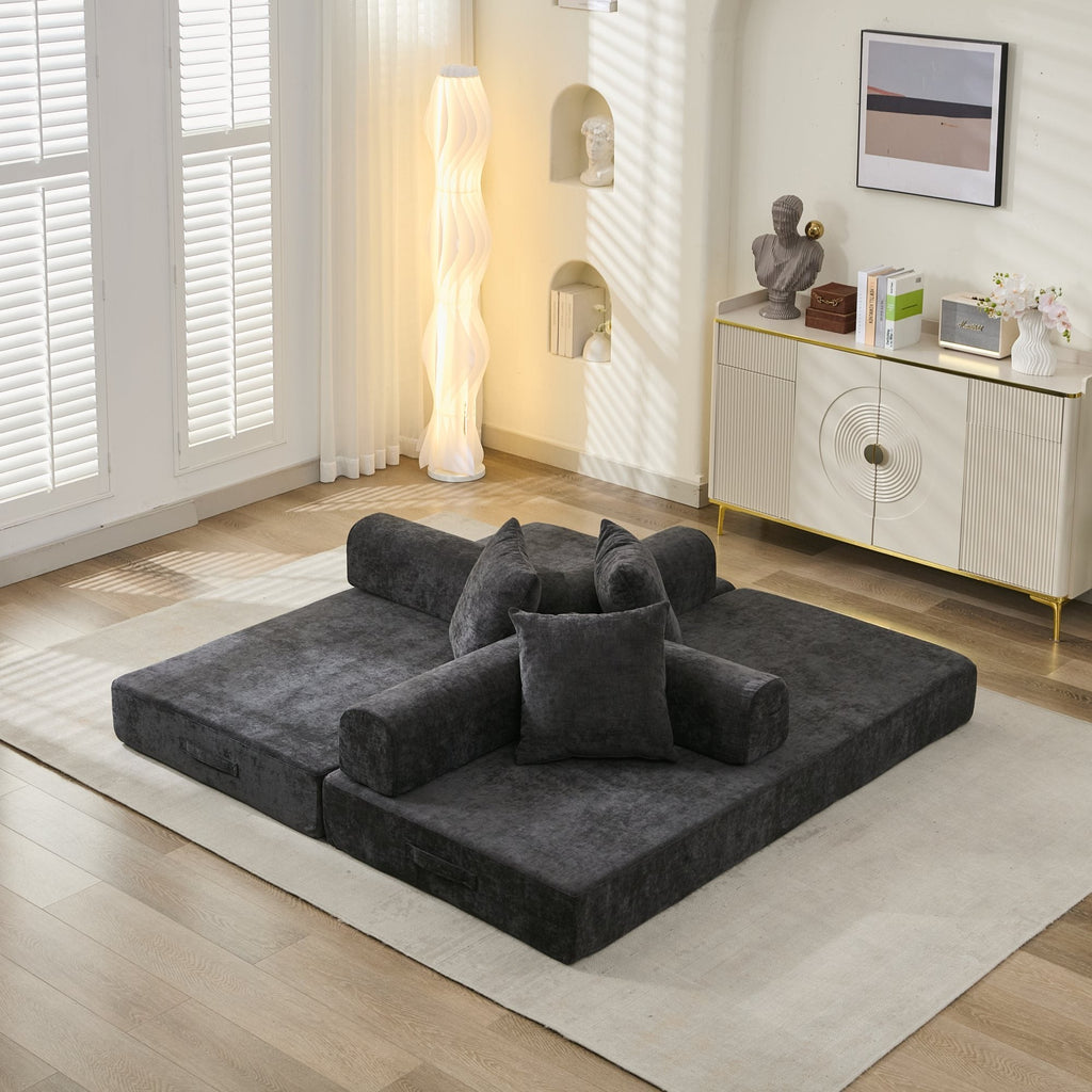 Comfy Convertible Folding Mattress Couch, Floor Sofa Bed, Chenille Floor Sofa with Armrest, Floor Sofa Lounge Couch for Living Room Bedroom Lounge Studio-Black