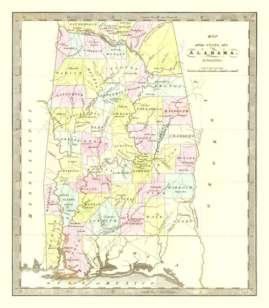Vintage Map of Alabama 1834