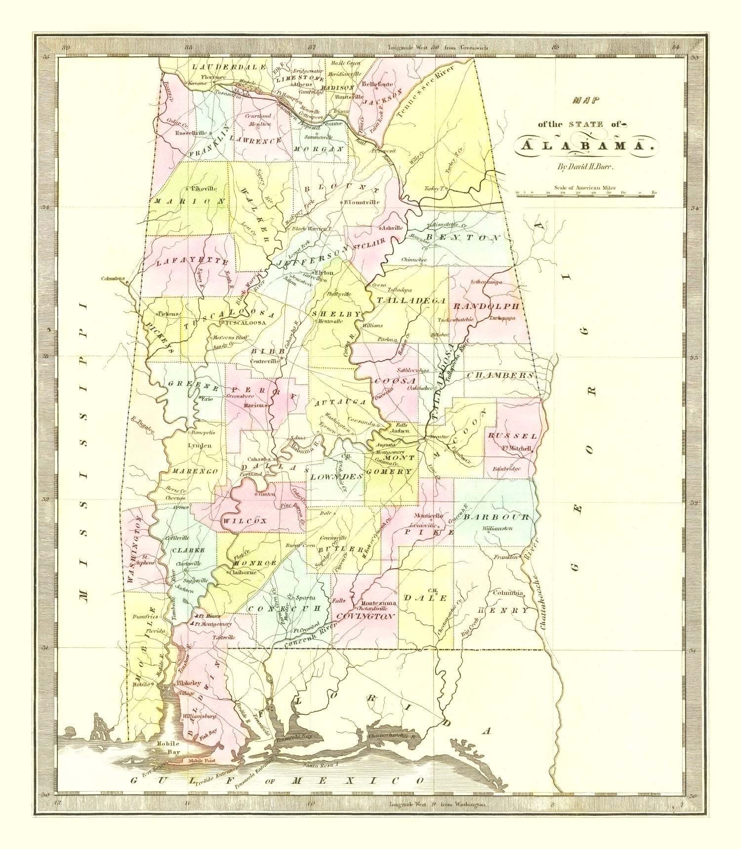 Vintage Map of Alabama 1834