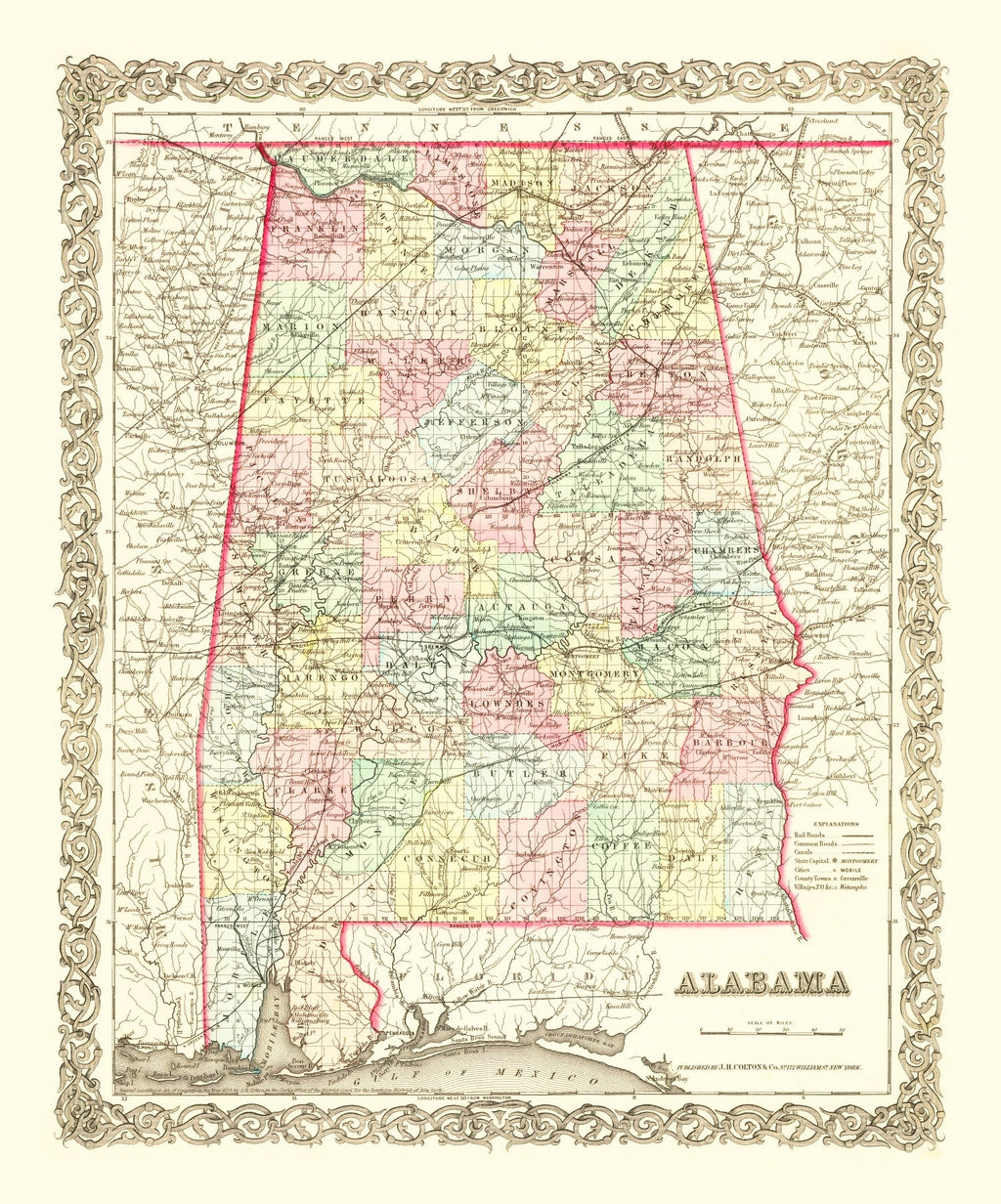 Vintage Map of Alabama 1855
