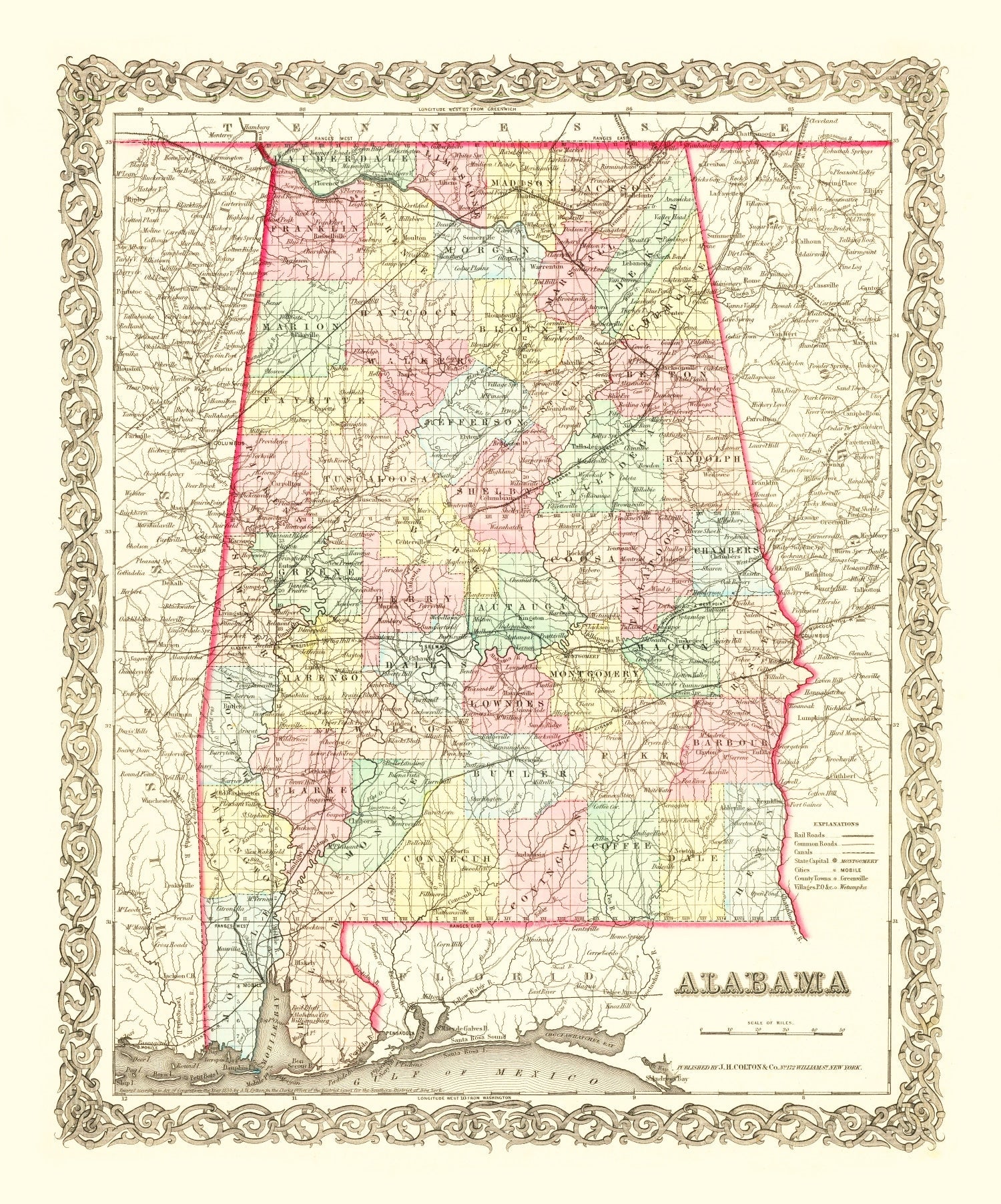 Vintage Map of Alabama 1855