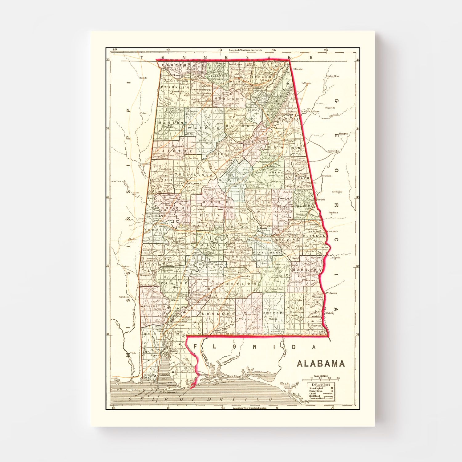 Vintage Map of Alabama 1856