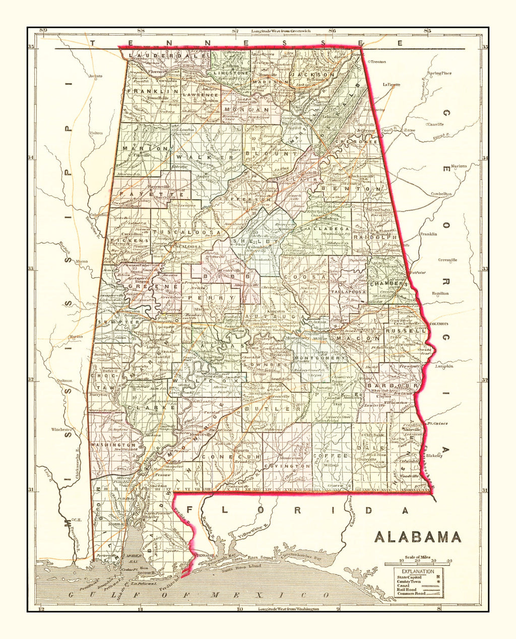 Vintage Map of Alabama 1856