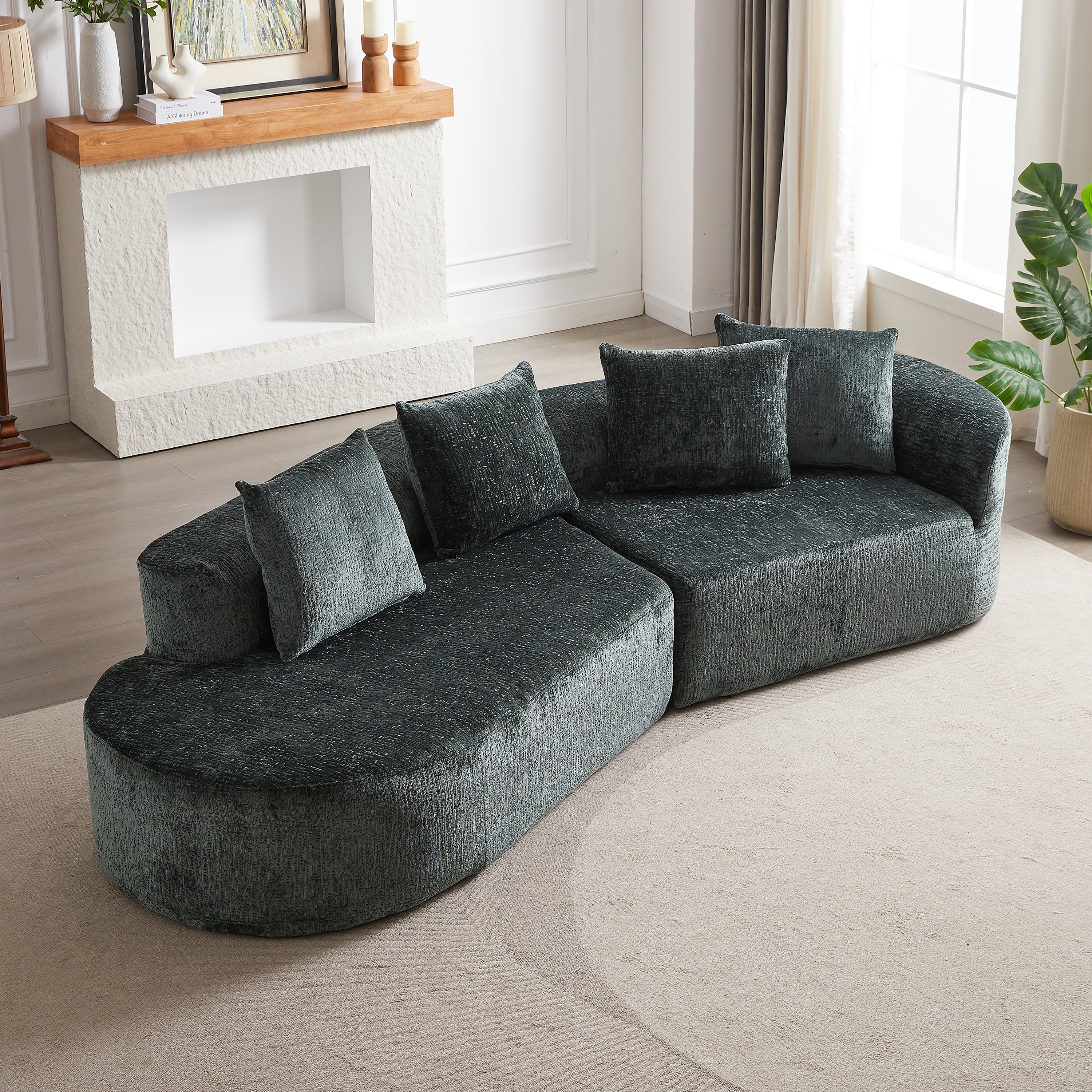 Modern Upholstered Oversized Sectional Sofa, 114-Inch Chenille 4-Seater Extra Deep & Wide Seat Curved Cloud Couch with 4 Throw Pillows, Free Combination Sofa Couch for Living Room,Bedroom