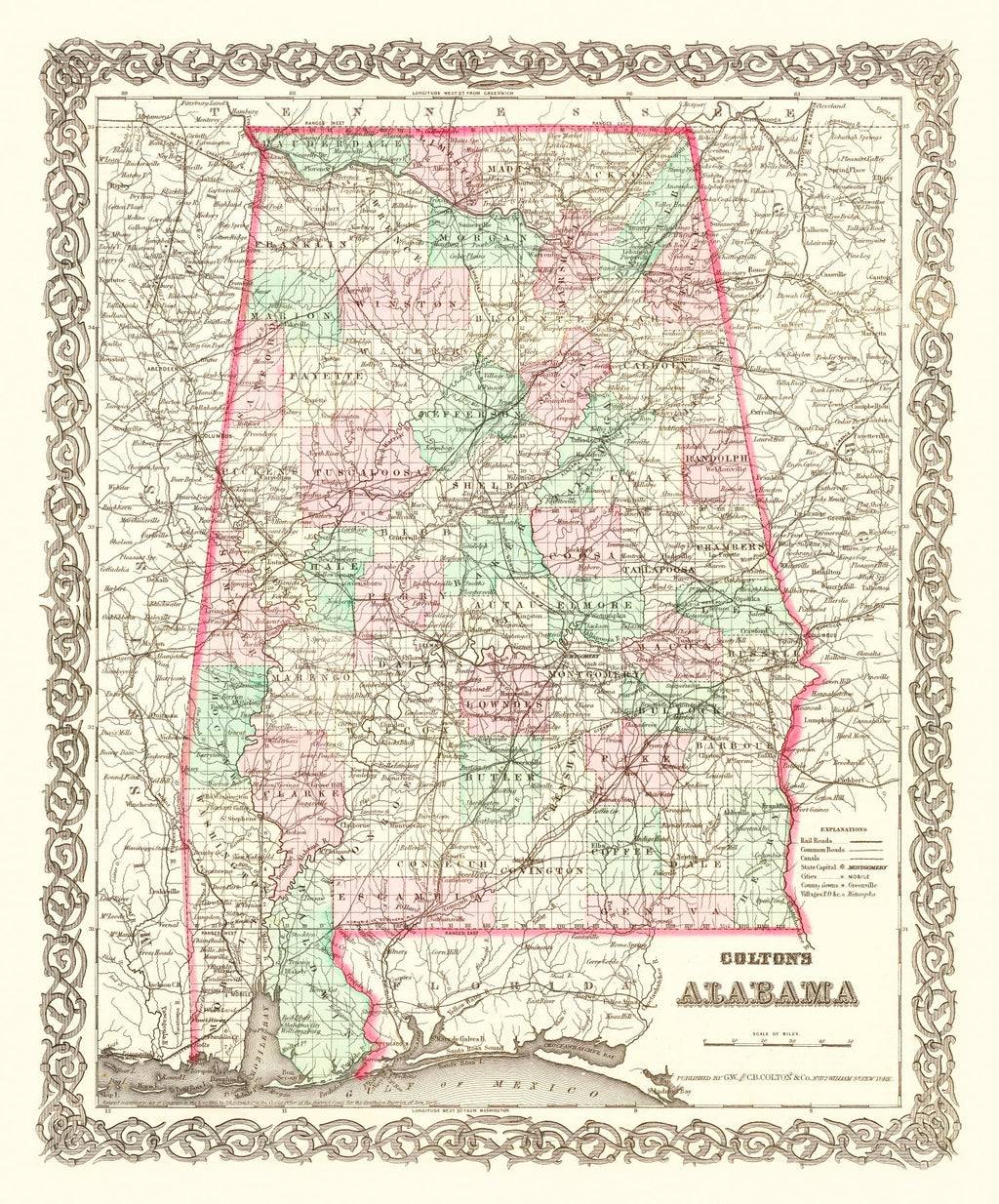Vintage Map of Alabama 1871