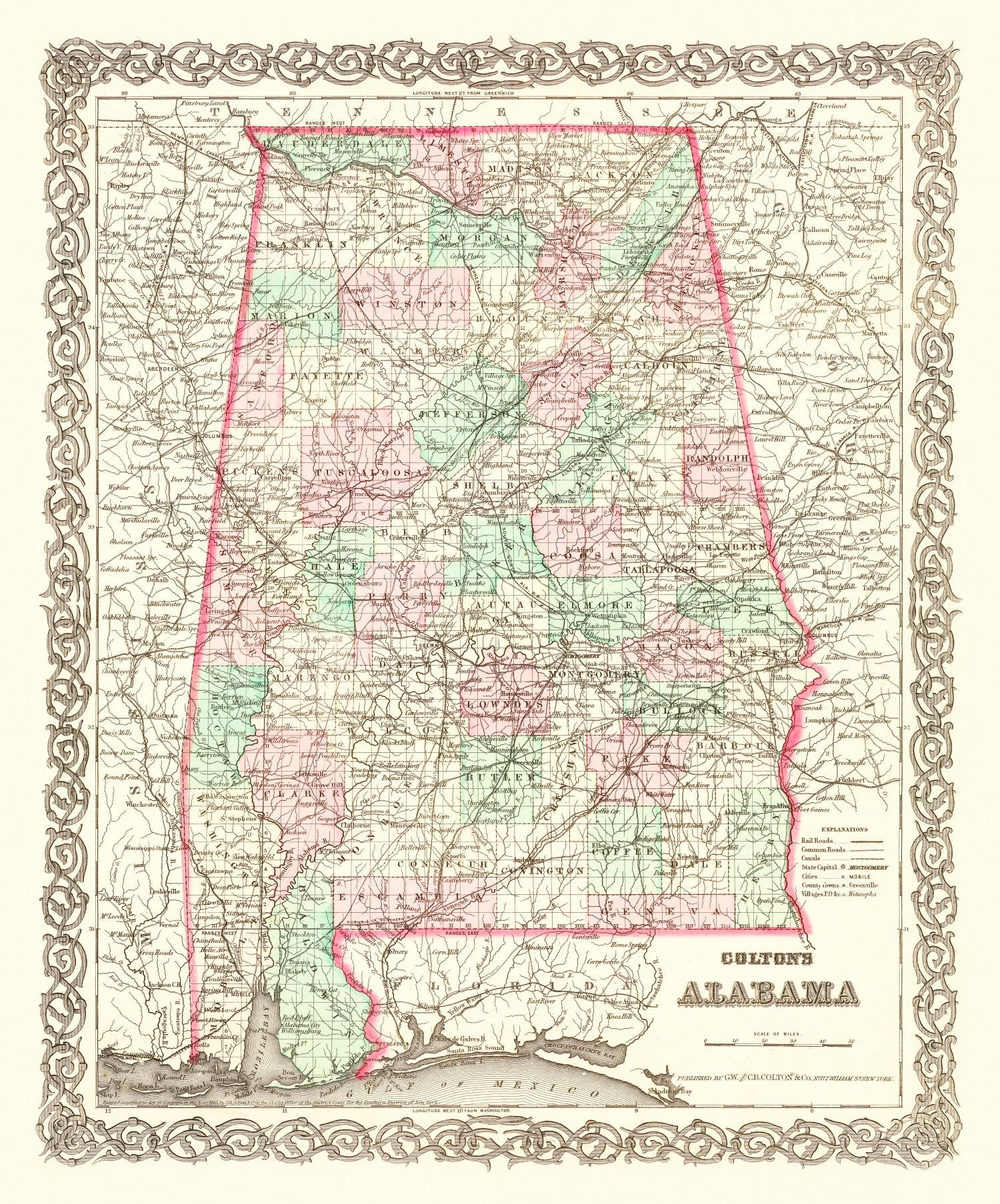 Vintage Map of Alabama 1871