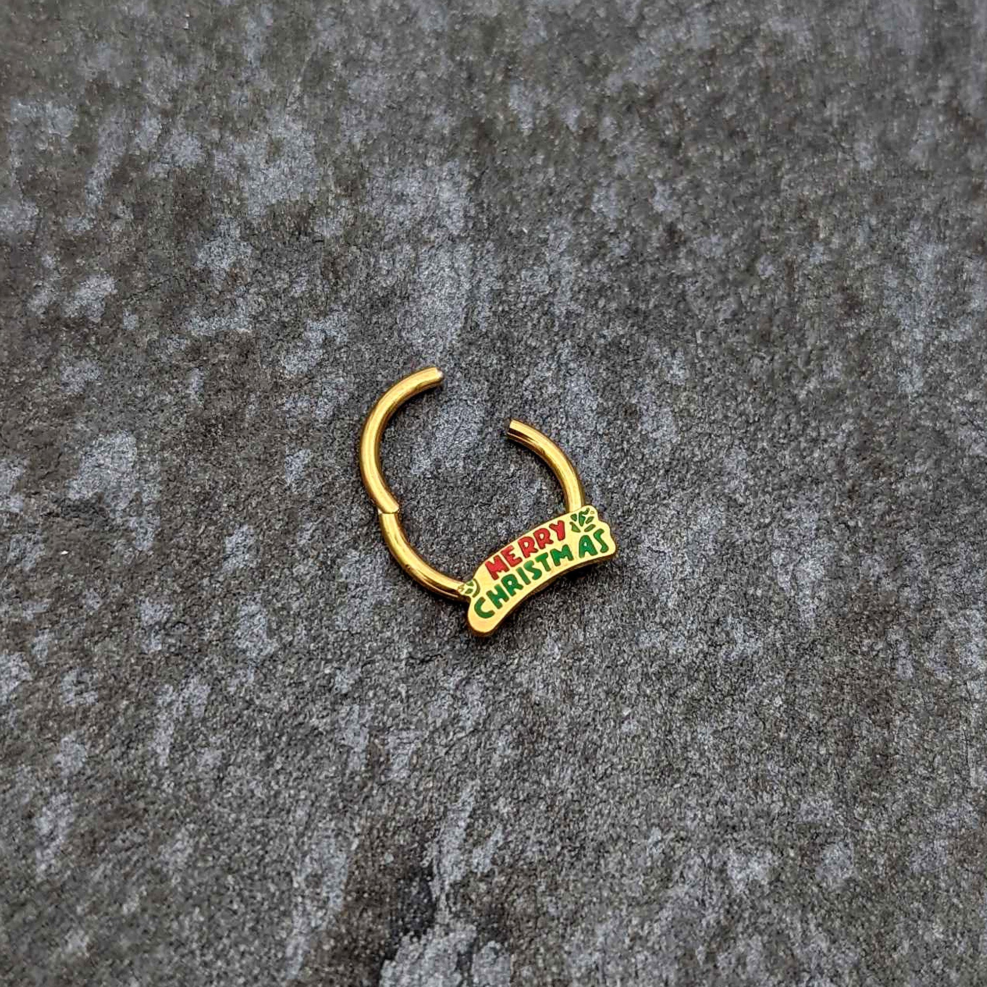 16G 3/8 Gold Tone Merry Christmas Inlay Hinged Segment Ring