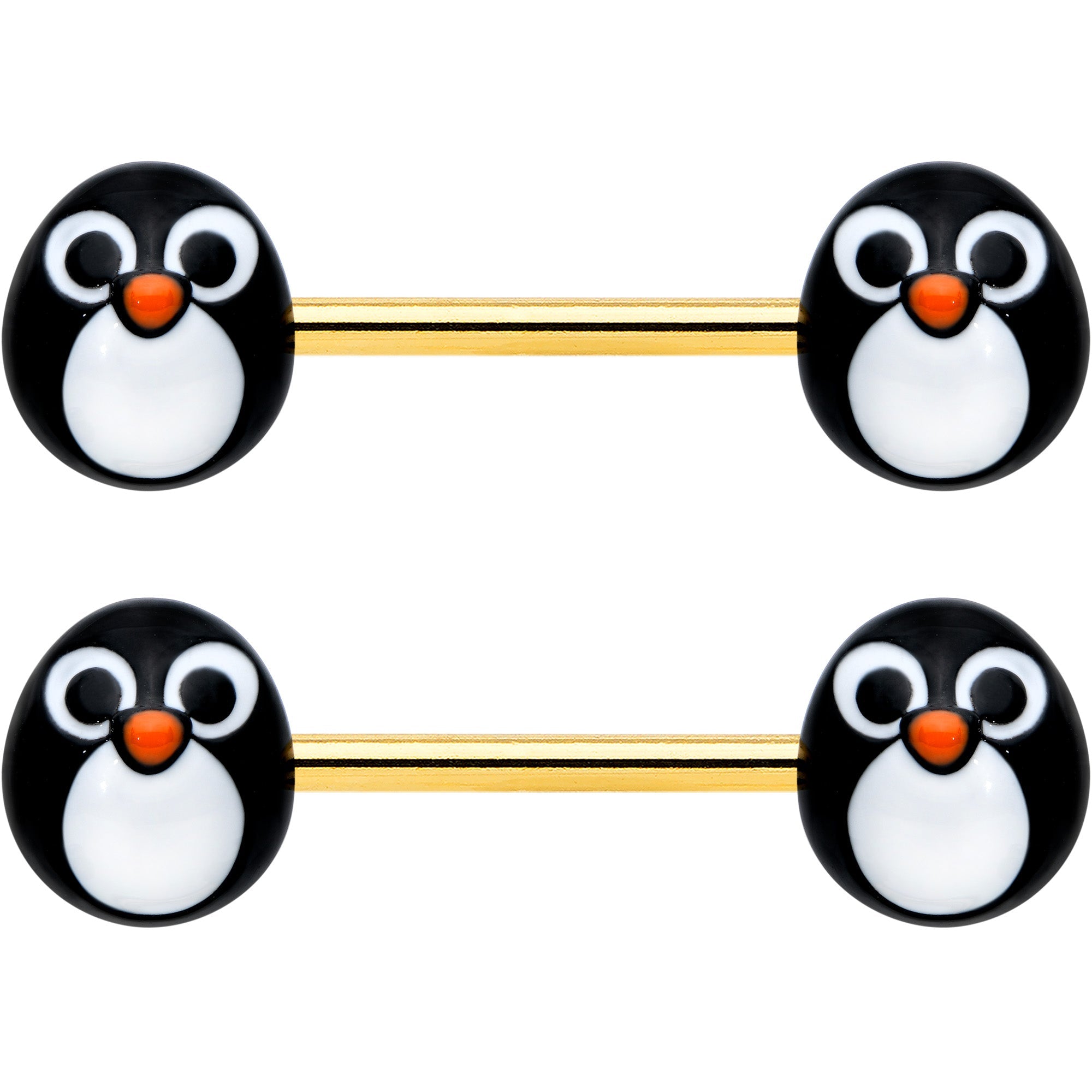 14G 9/16 Gold Tone Round Penguin Face Barbell Nipple Ring Set