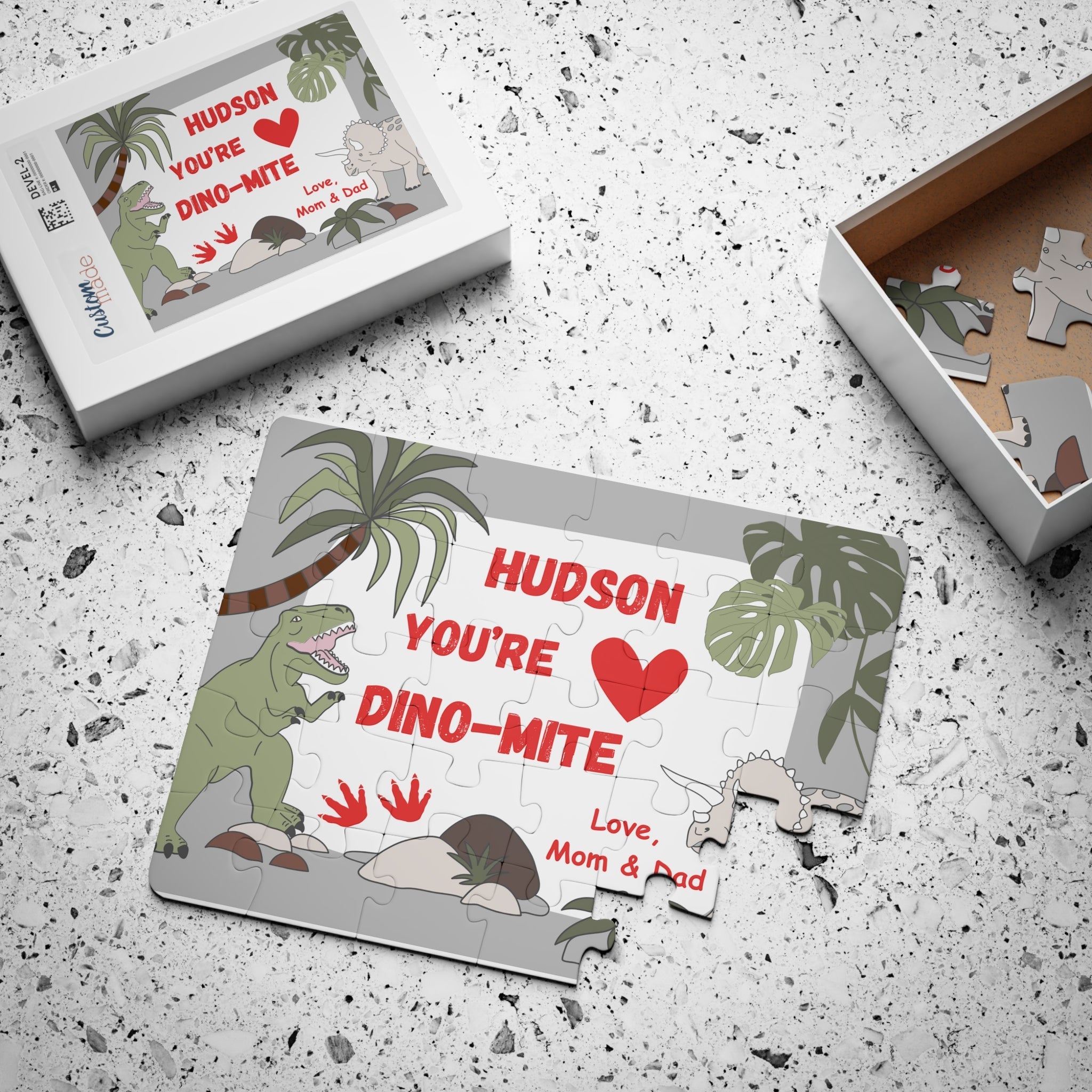 Personalized Kid's 30-Piece Valentine's Day Puzzle - "You're Dino-Mite" Dinosaur Theme