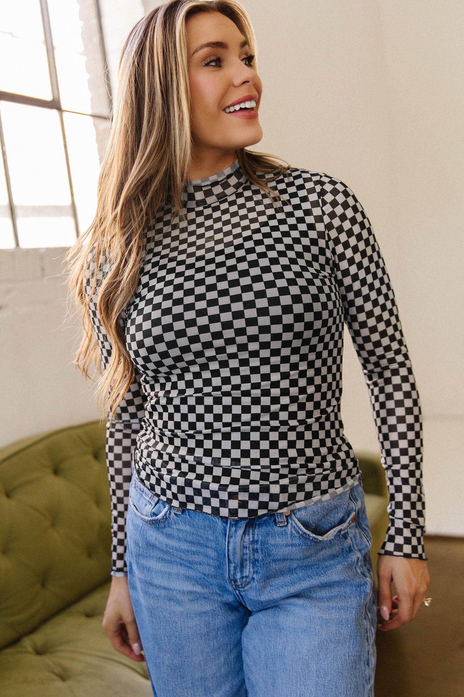 Checker Stand Neck Long Sleeve Mesh Top
