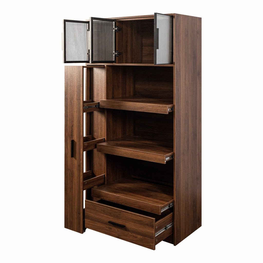 70.87' Tall Kitchen Pantry Cabinet with multi-functional pull-out multi-tier storage shelf, 1 Drawers,with Aluminum frame glass door,Freestanding Food Hutch with Microwave Stand for Dining Room