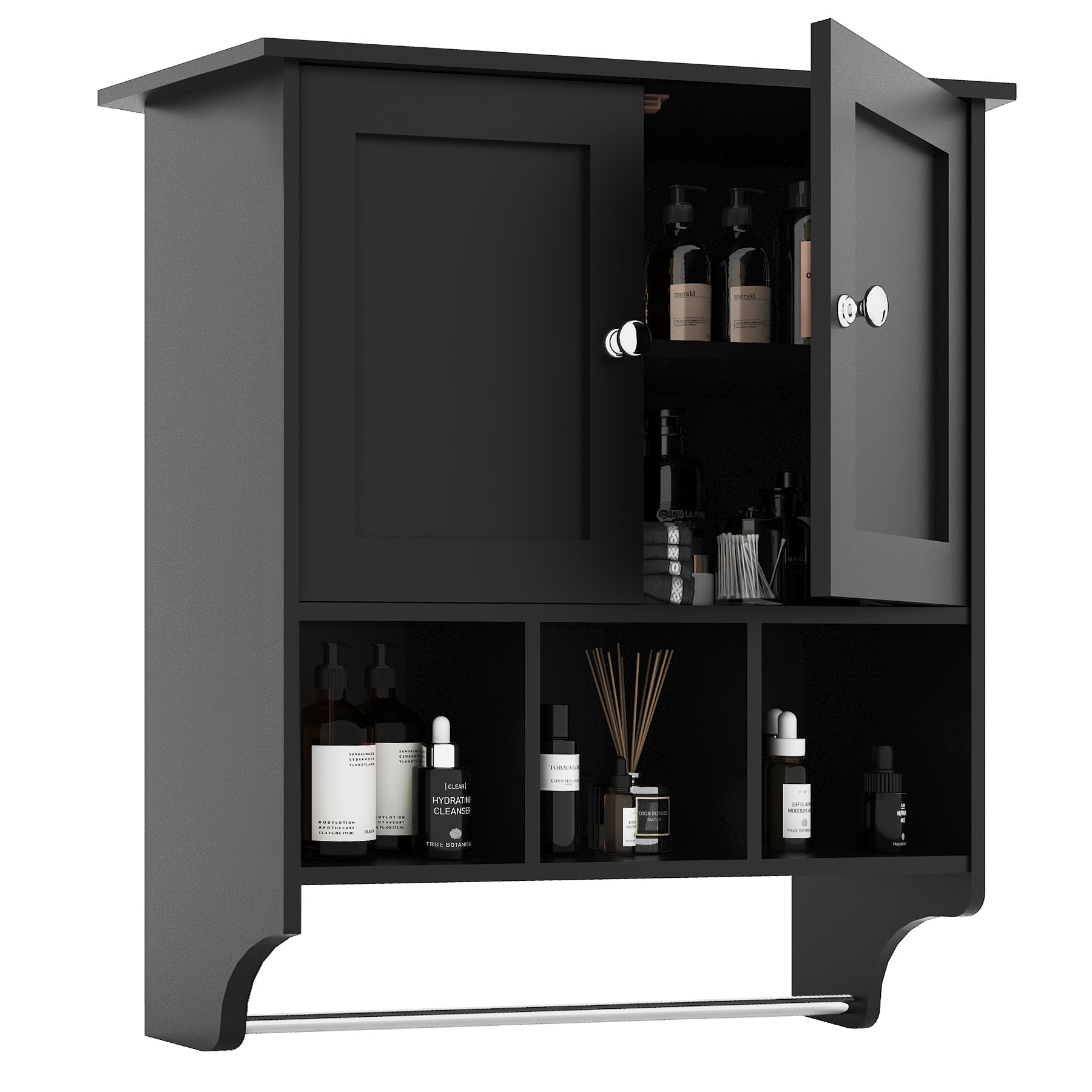 Rokach Bathroom Cabinet with Ample Storage in Black Particle Board, 27.5 x 23.8 x 7.8 inches