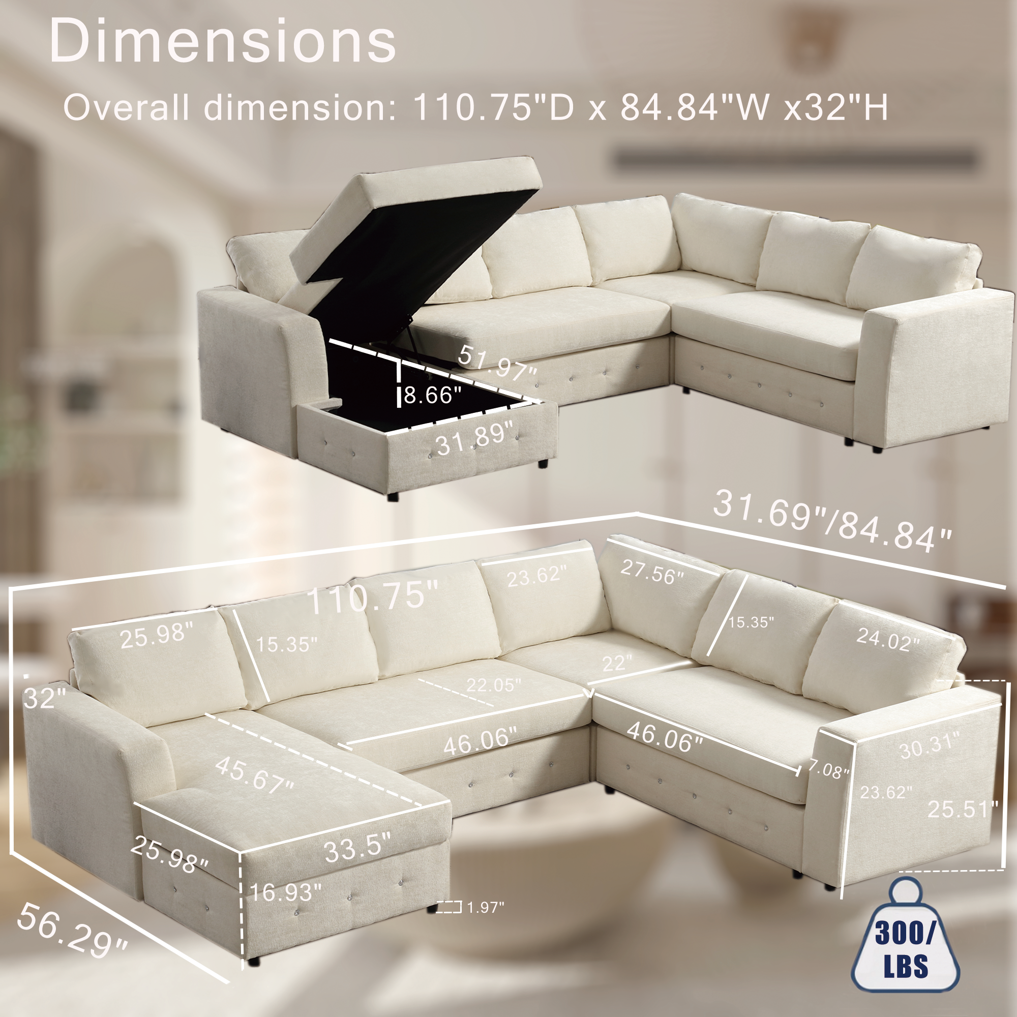 [NEW ARRIVED] [VIDEO PROVIDED]110.75' Sectional Sofa,Oversized modular sofa,Chaise Storage, Modern U Shaped  Couch , Upholstered Sofas,Chenille,Crystal button , Living Room, Apartment,  Beige