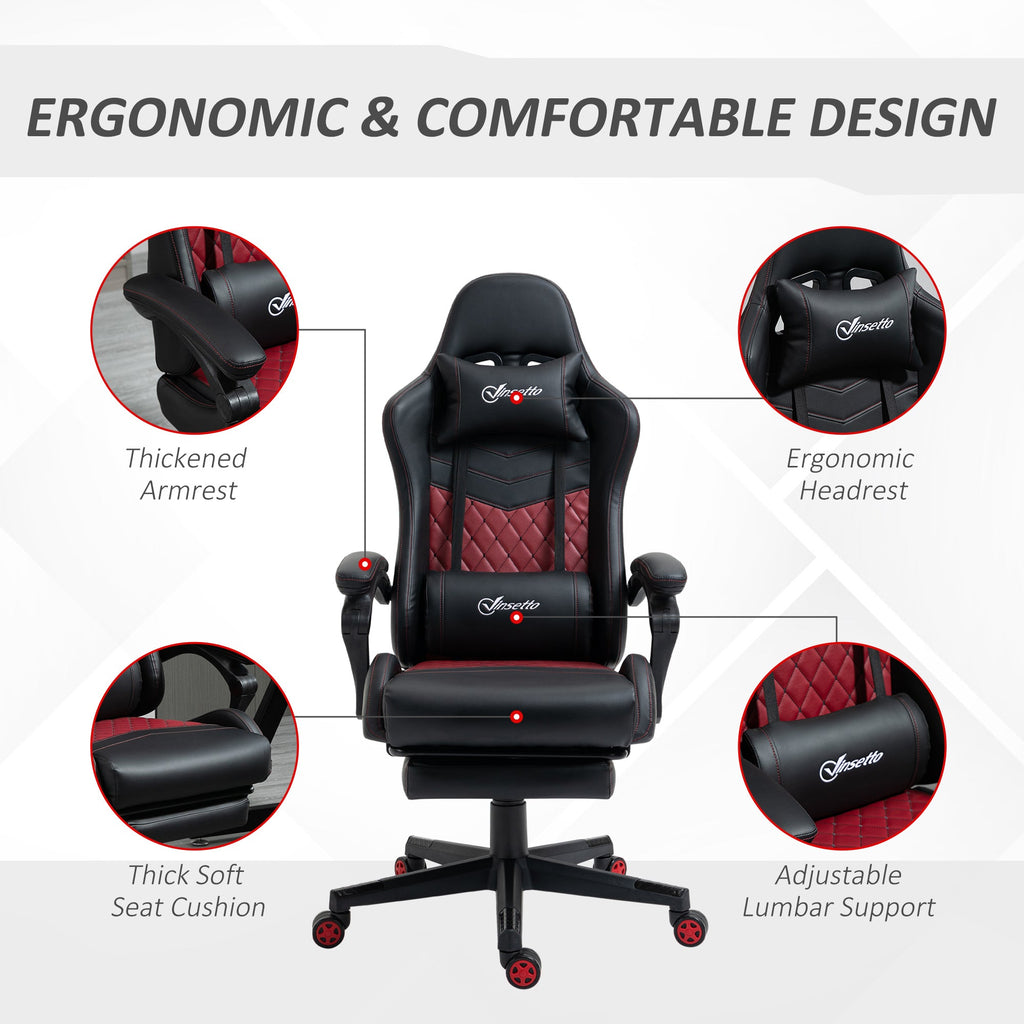 Vinsetto Racing Gaming Chair Diamond PU Leather Office Gamer Chair High Back Swivel Recliner with Footrest, Lumbar Support, Adjustable Height, Black
