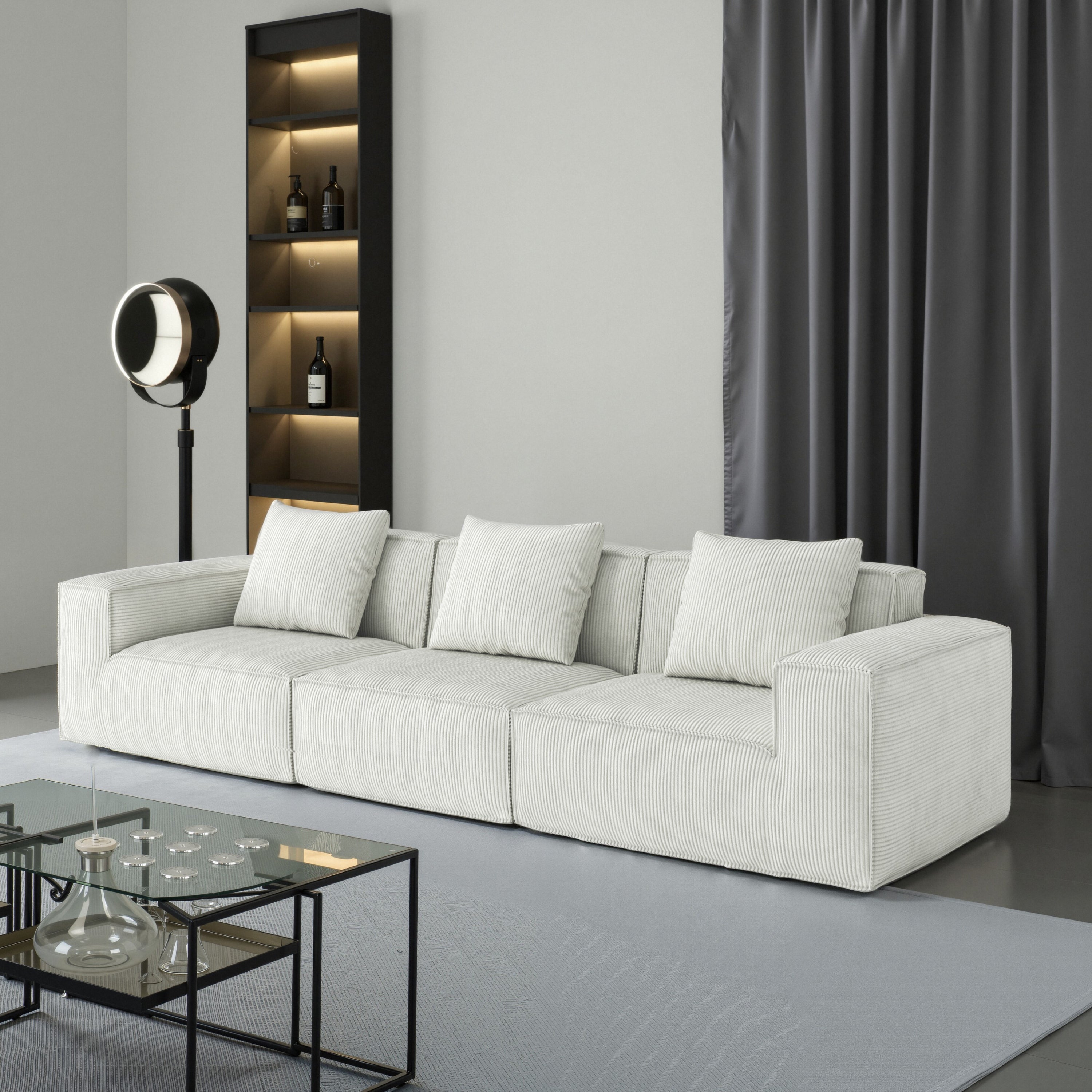 118-inch modular sofa can be converted into an oversized sofa bed  Free conversion sofa set flexible configuration, soft corduroy cloud velvet fabric Three-person combination white