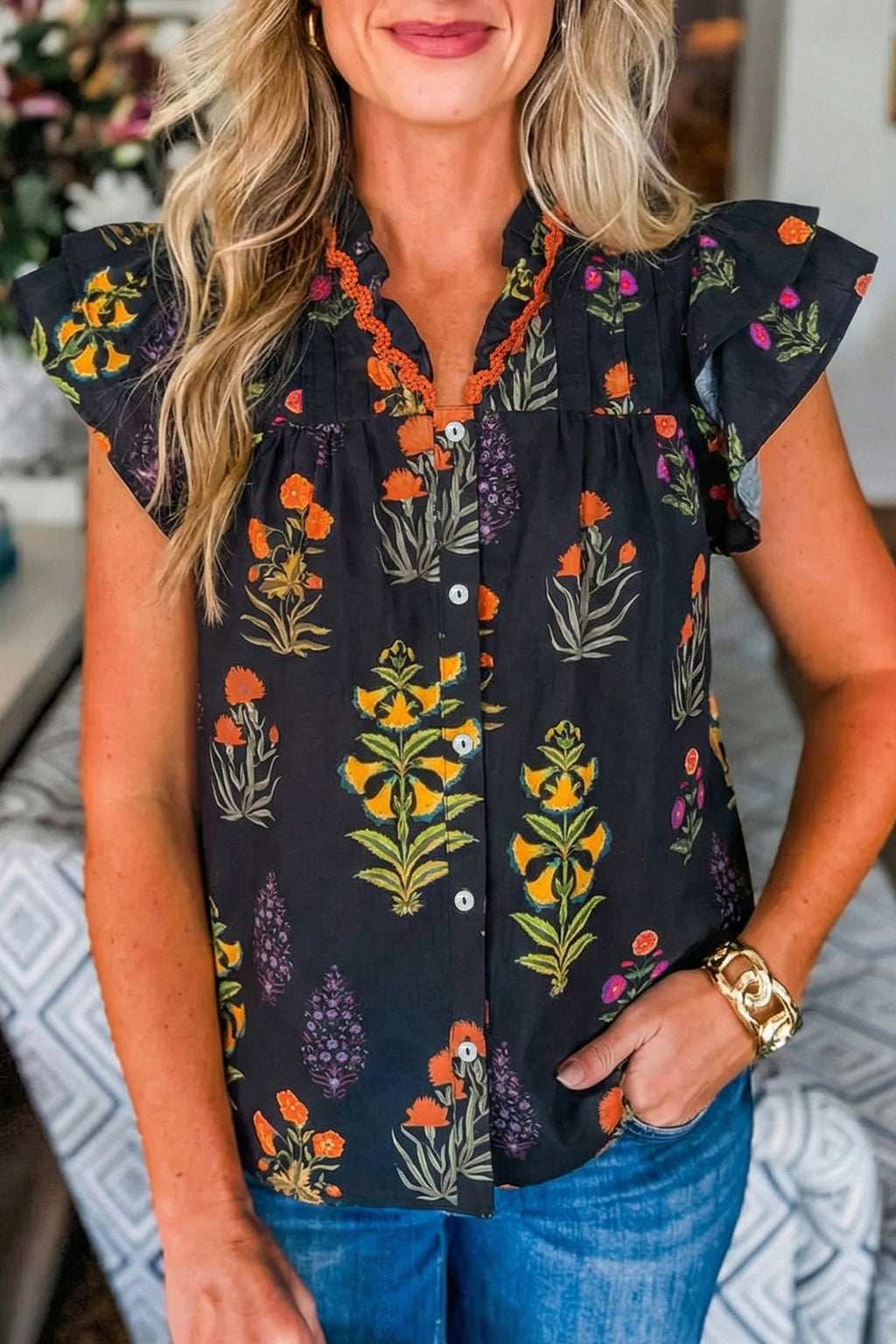 Floral Lace Trim V-Neck Frilled Short Sleeve Shirt