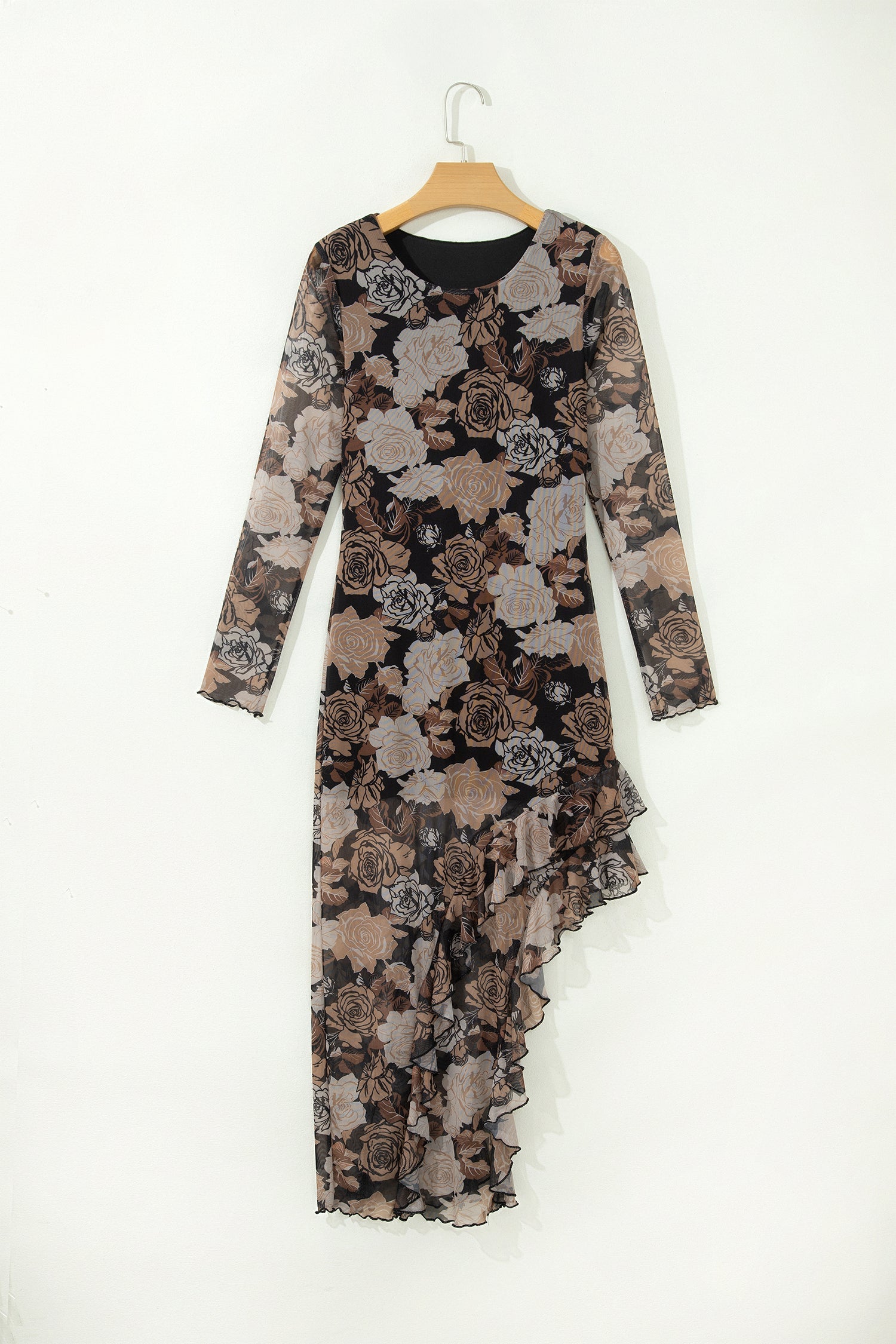 Floral Long Sleeve Asymmetric Ruffle Split Hem Mesh Dress