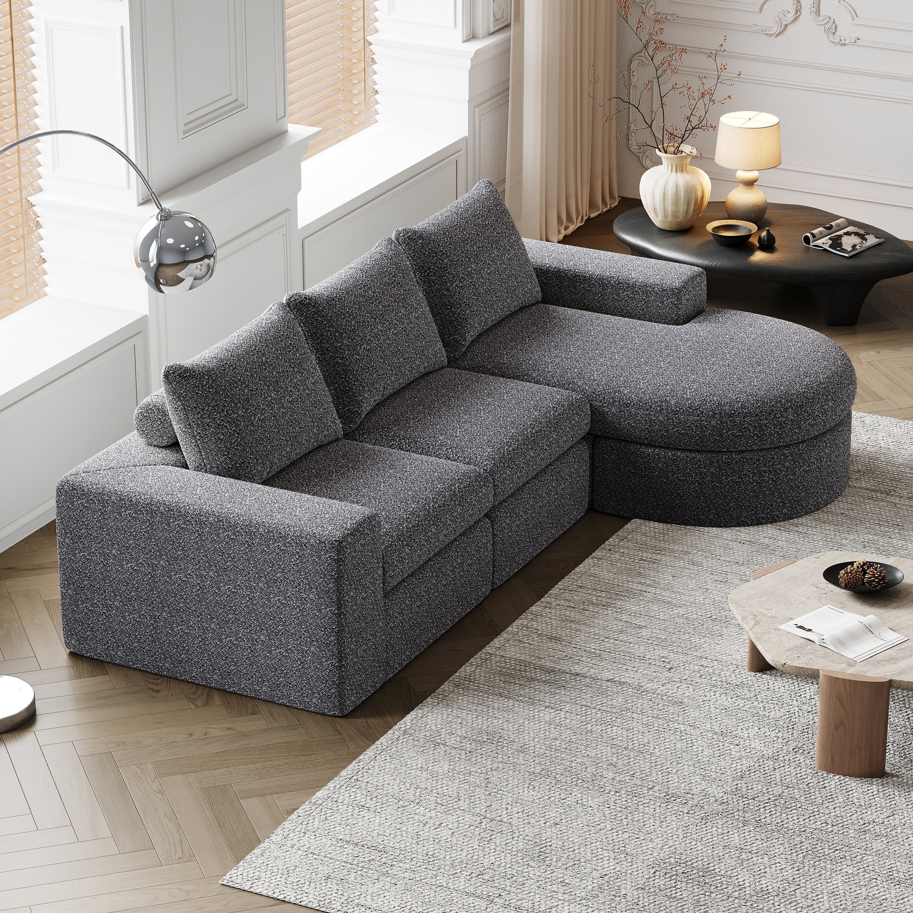 99-Inch Chenille Cloud Curved Sectional Sofa with Chaise, L-Shaped Modern Boneless Couch with Deep Seats, Chenille Sectional Sofa for Living Room and Bedroom, No Assembly Required