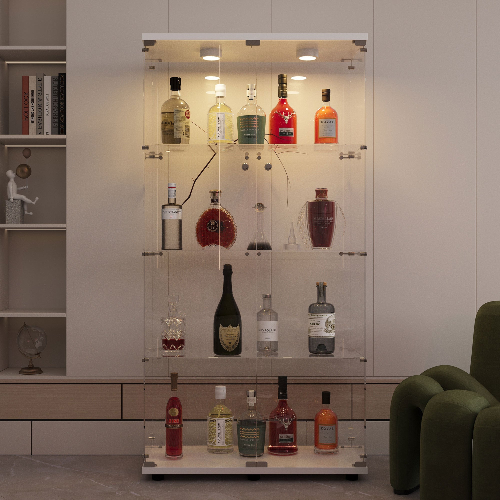 Tempered glass display cabinet,wine cabinet,storage cabinet,file cabinet,with a variety of colors of pat lights,door locks,adjustable floor feet suitable for uneven ground,can be placed anywhere,white