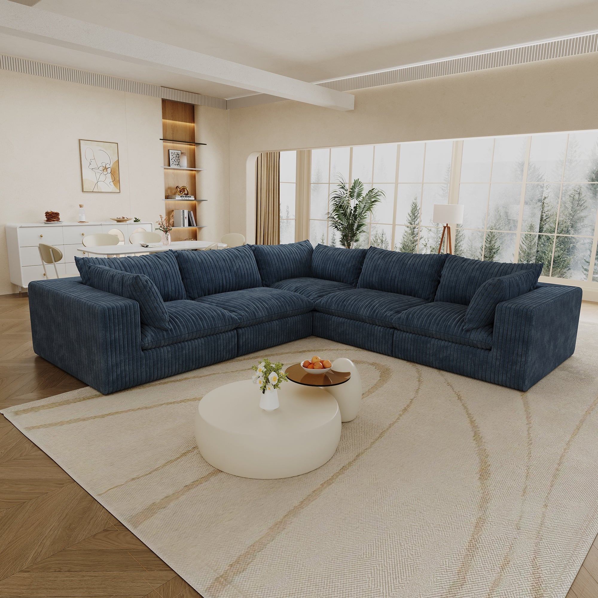 118.2' Cloud Sofa,Corduroy Fabric,Deep Seat Couches,Double-layer design,Removable Cushion,No Assembly, DIY Combination for Living room, Bedroom,Conference room ,Apartment,Blue