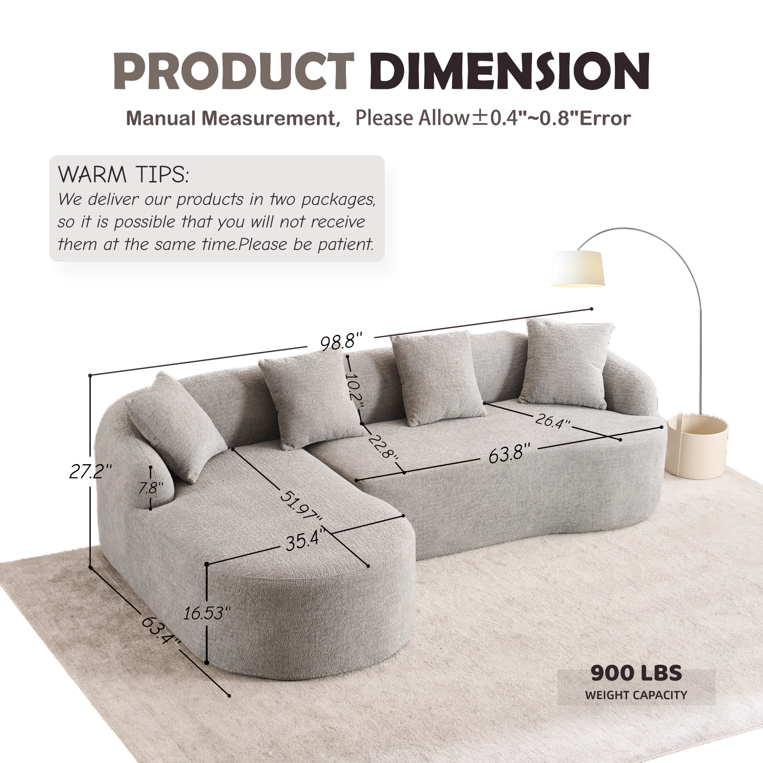 Boneless L-Shape Sectional Sofa with Curved Chaise,Grey Modular Chenille Compression Couch,30D High-Density Foam,Minimalist Modular Couches Sleeper for Living Room Bedroom Apartment Lounge.