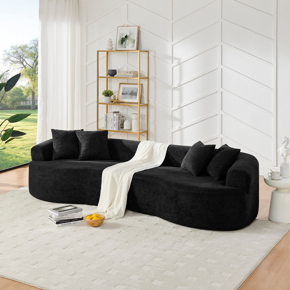 Modern Cloud 4-Seater Sectional Curved Sofa, Minimalist Compression Living Room Couch, No Assembly Needed, Chenille, Black