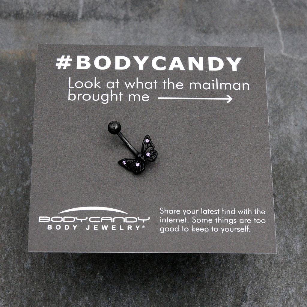 Purple CZ Gem Black Skull Butterfly Belly Ring