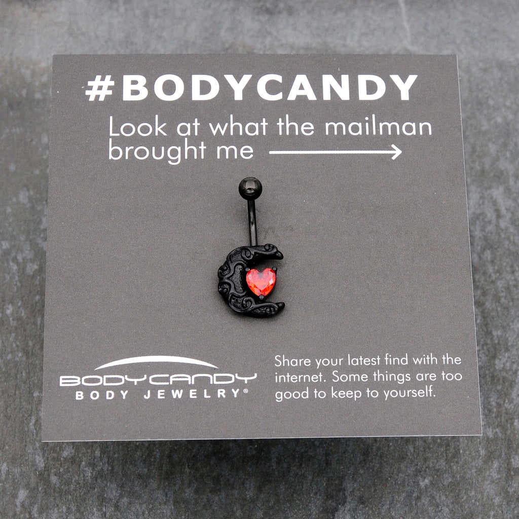 Red CZ Gem Black Scroll Moon Heart Belly Ring