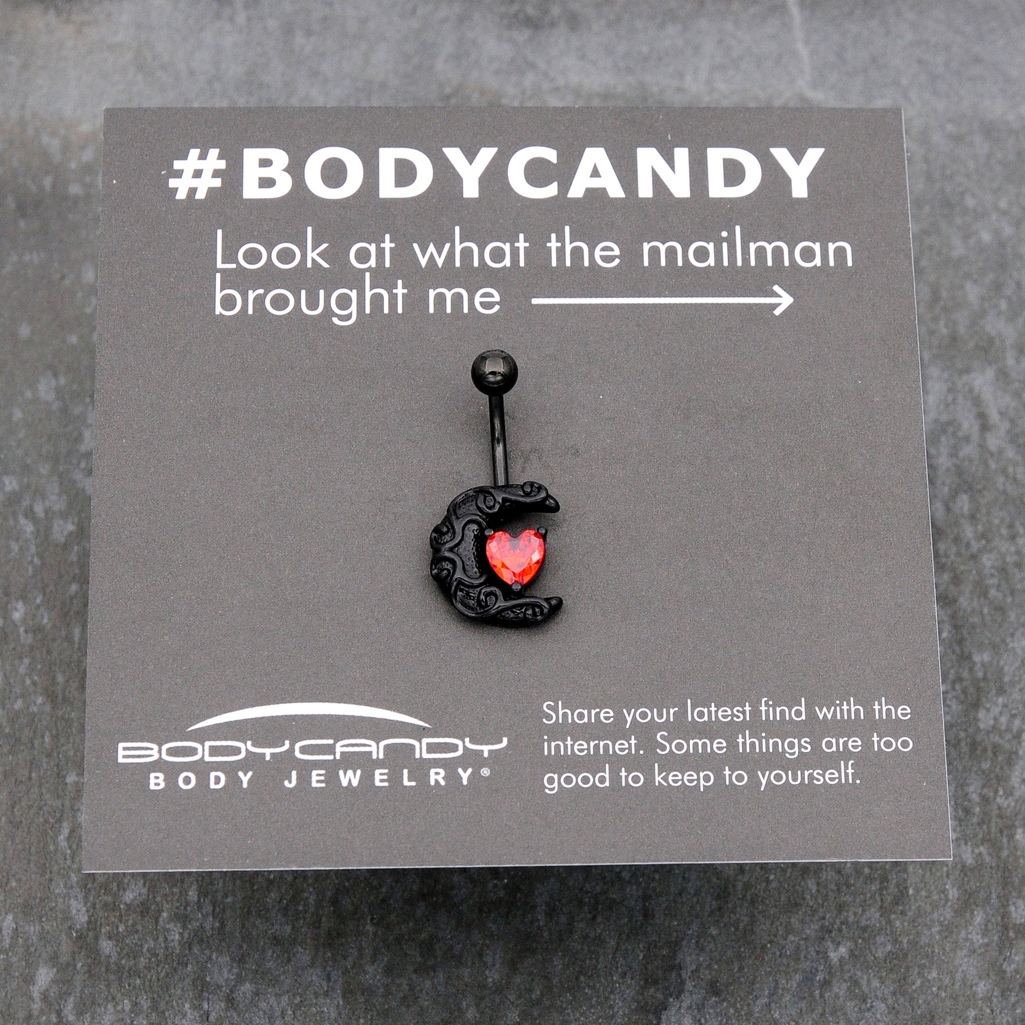 Red CZ Gem Black Scroll Moon Heart Belly Ring