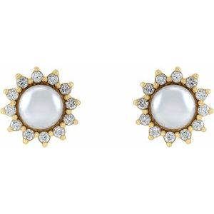 14K Yellow Gold Cultured White Akoya Pearl & 1/6 CTW Natural Diamond Halo-Style Earrings