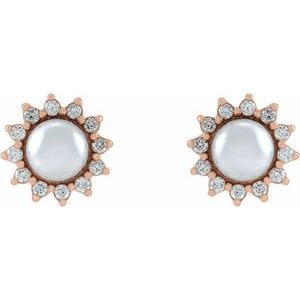 14K Rose Gold Cultured White Akoya Pearl & 1/6 CTW Natural Diamond Halo-Style Earrings