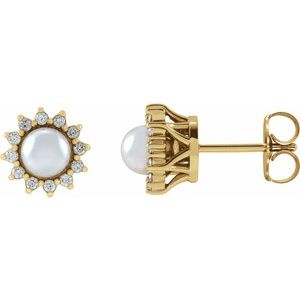 14K Yellow Gold Cultured White Akoya Pearl & 1/6 CTW Natural Diamond Halo-Style Earrings