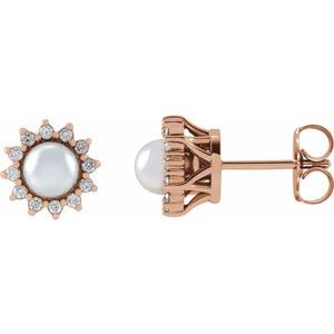 14K Rose Gold Cultured White Akoya Pearl & 1/6 CTW Natural Diamond Halo-Style Earrings