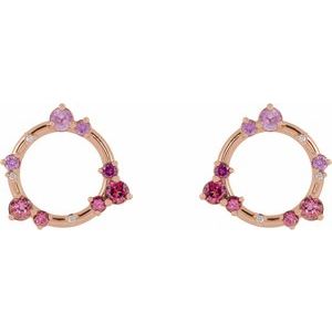 14K Rose Gold Natural Pink Multi-Gemstone & .03 CTW Natural Diamond Circle Earrings – image 2